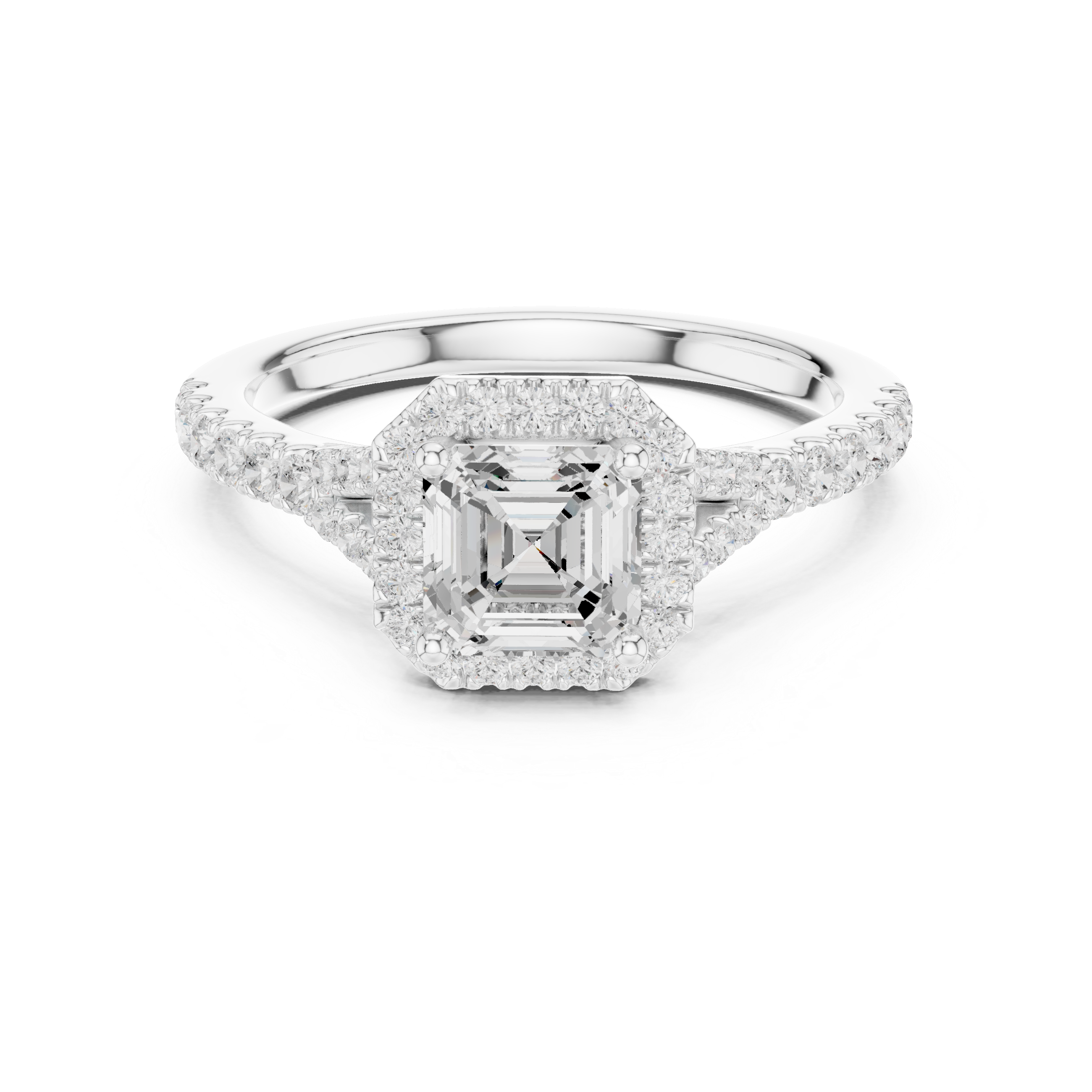 Split shank halo ring with Asscher cut lab diamond