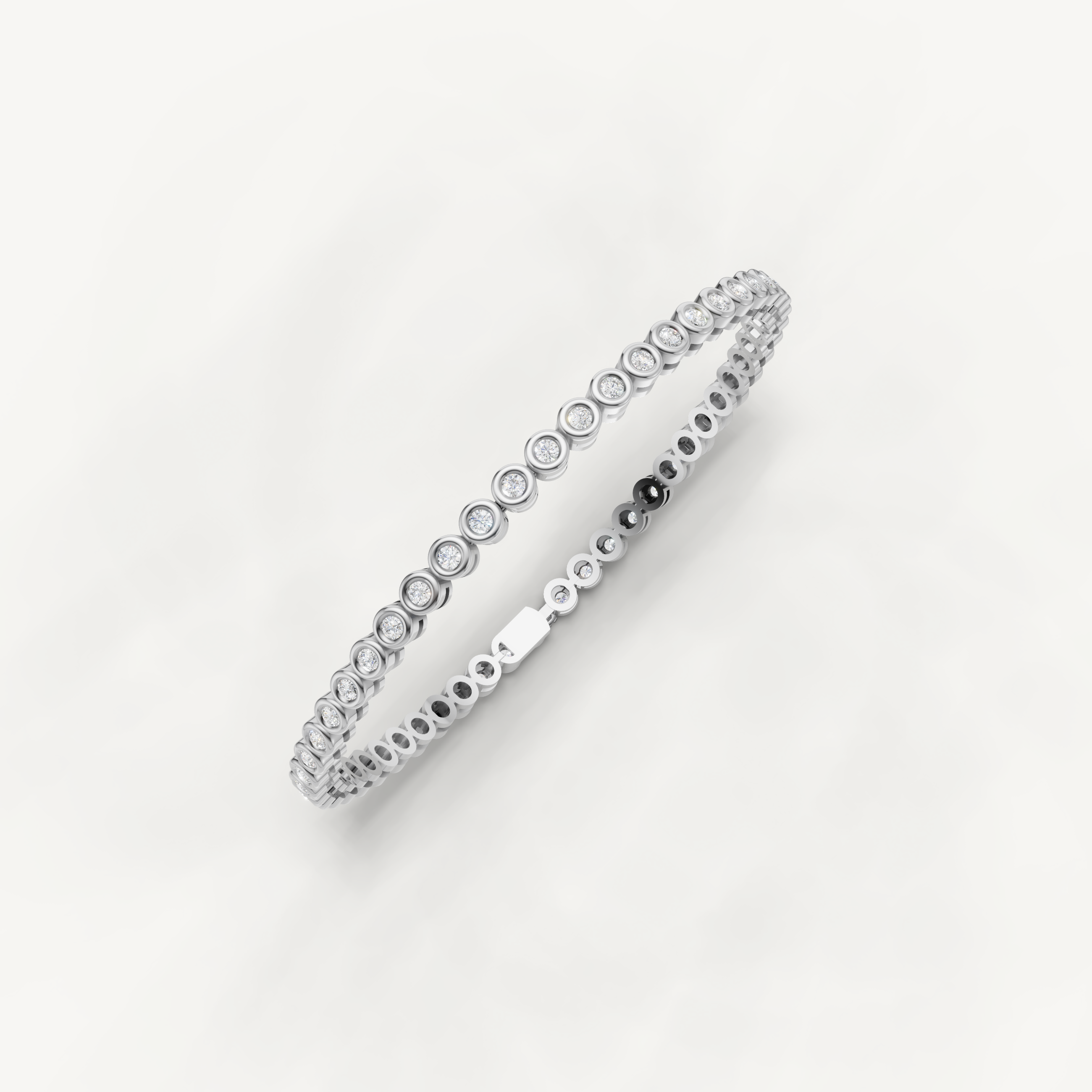 White gold fine jewelry tennis bracelet with modern bezel set diamonds by Raul Diamonds