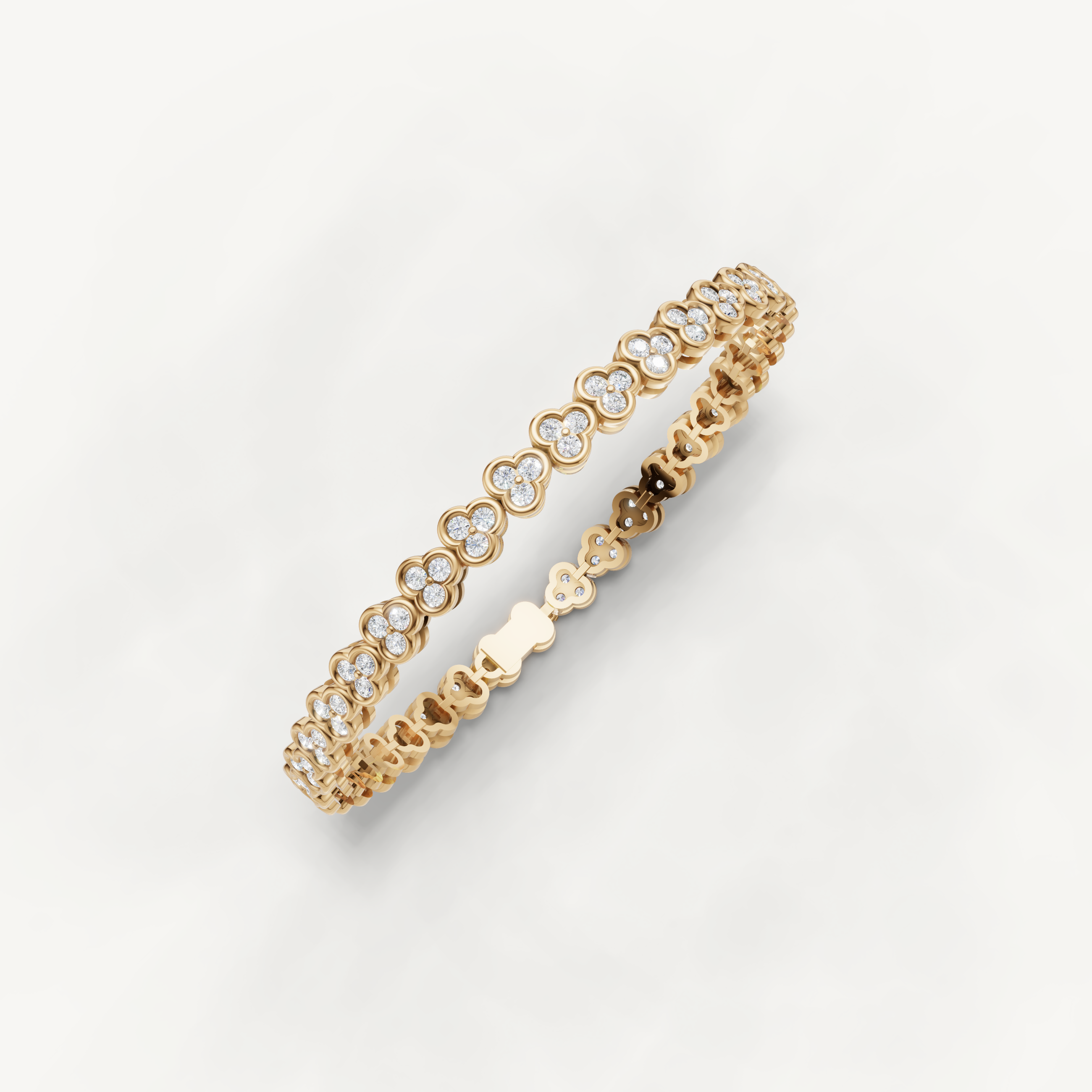 Yellow gold fine jewelry bracelet with sparkling flower shaped diamond links by Raul Diamonds