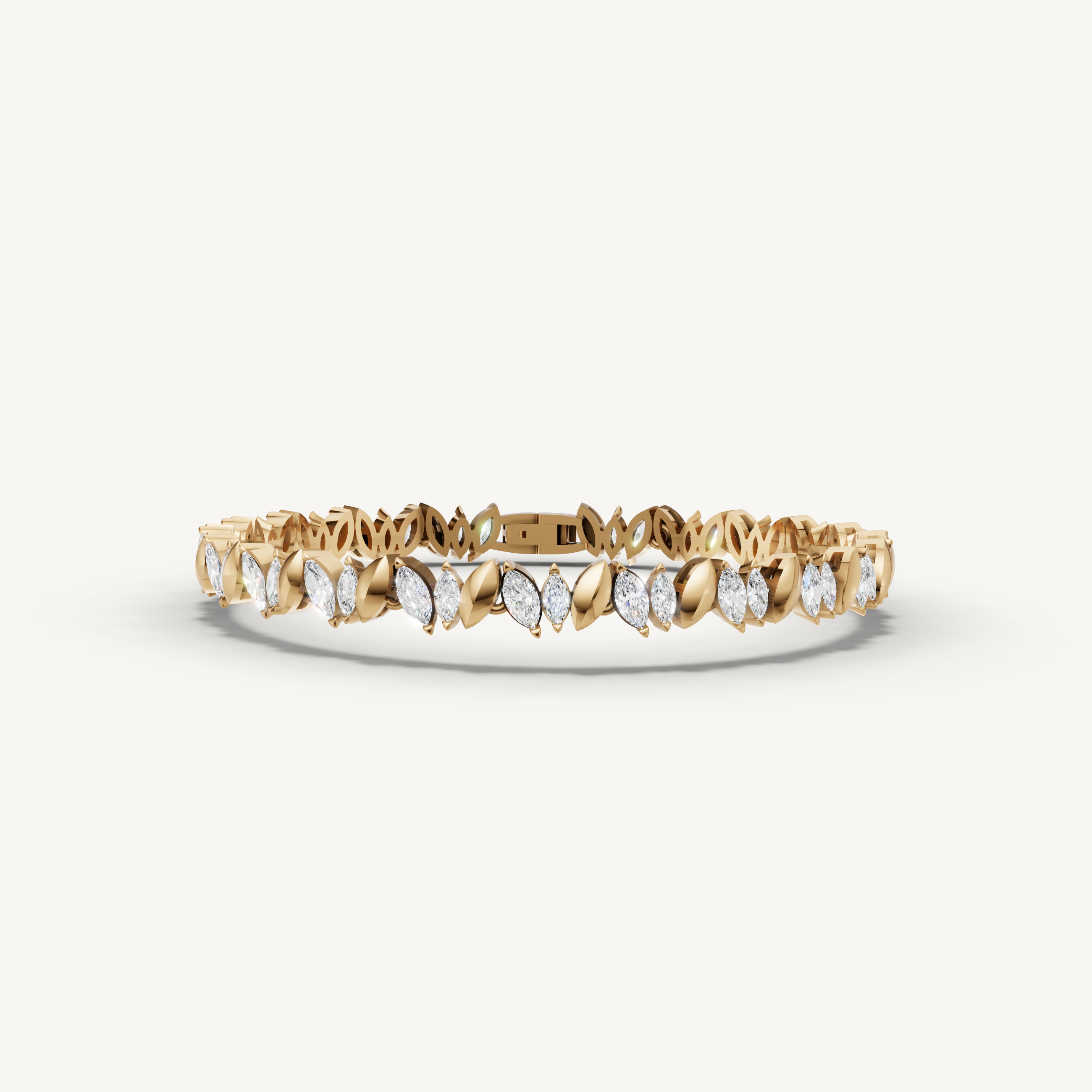 Yellow gold marquise lab grown diamond tennis bracelet with modern leaf inspired design by Raul Diamonds