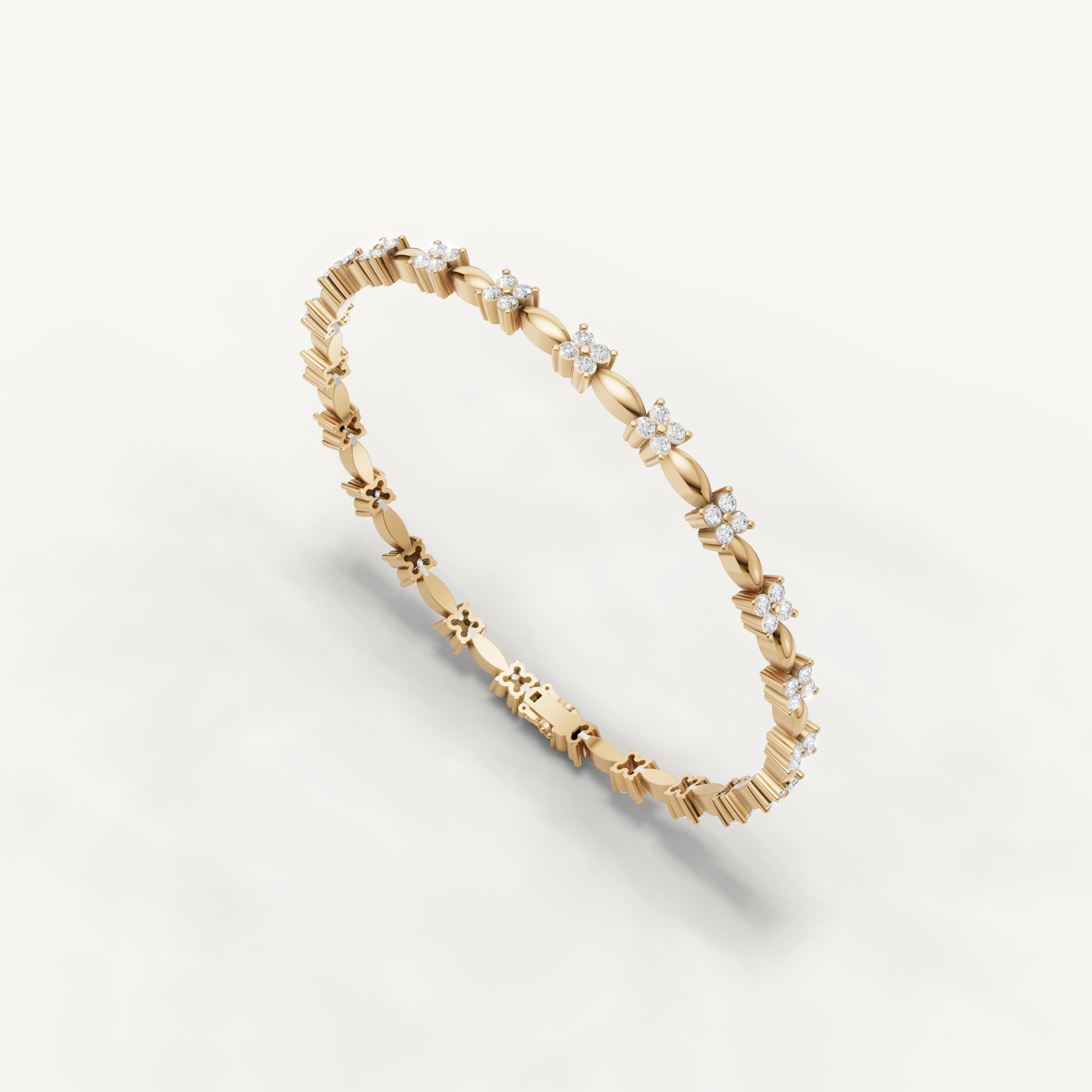 Elegant yellow gold diamond tennis bracelet with contemporary floral motifs by Raul Diamonds