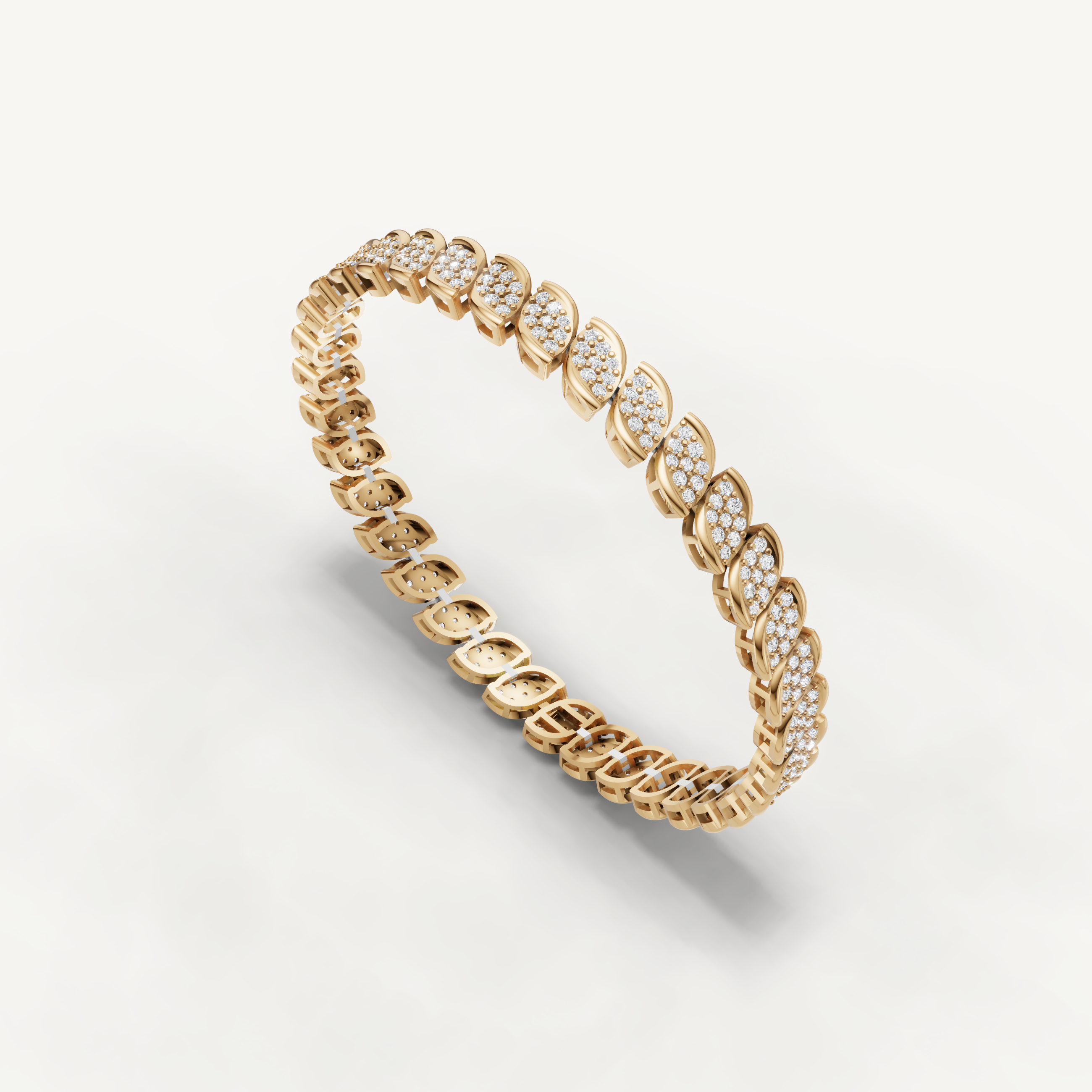 Elegant yellow gold diamond tennis bracelet with modern marquise shaped links by Raul Diamonds
