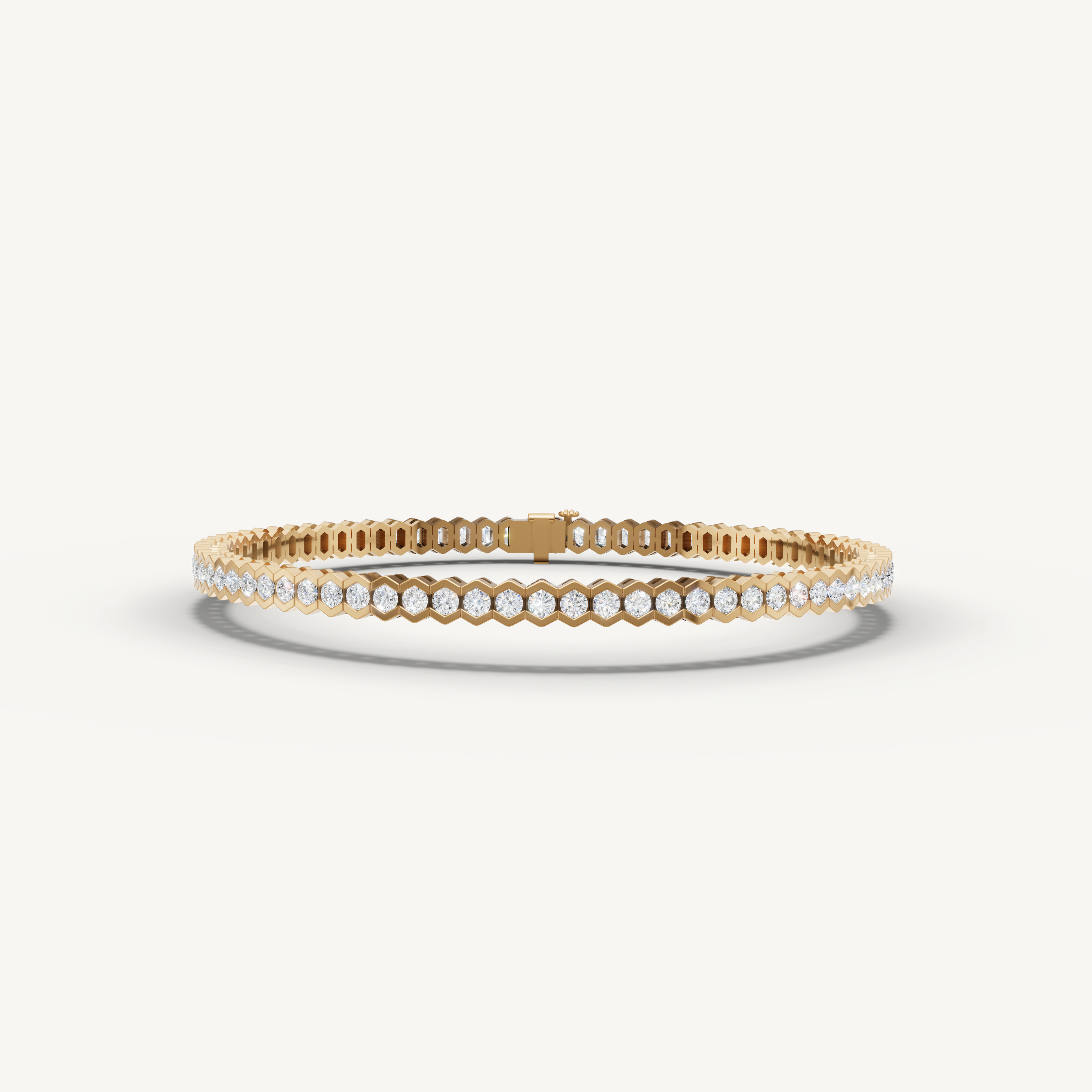 Yellow gold bezel set lab grown diamond tennis bracelet with geometric edge detailing by Raul Diamonds