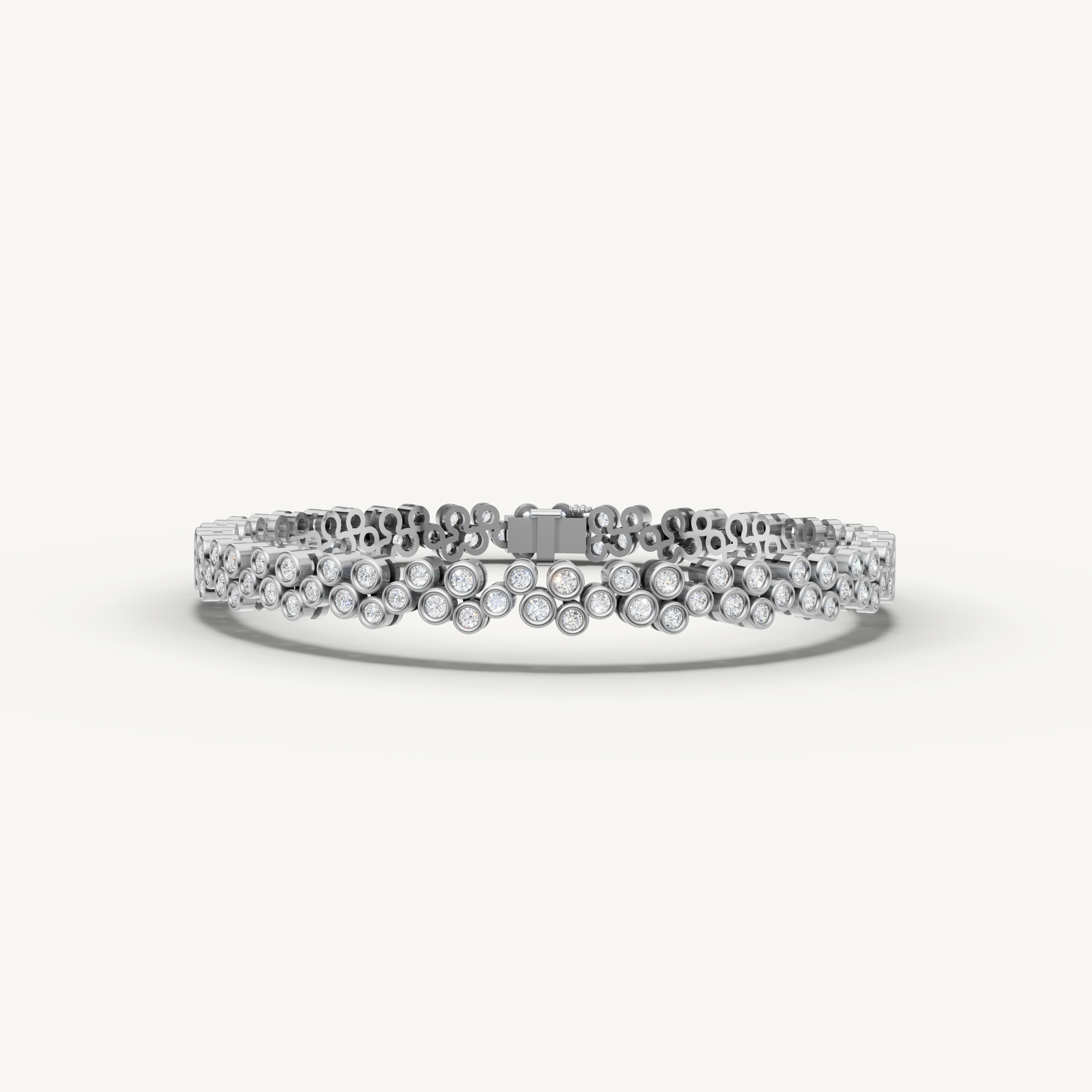 White gold bezel set lab grown diamond tennis bracelet with floral cluster design by Raul Diamonds