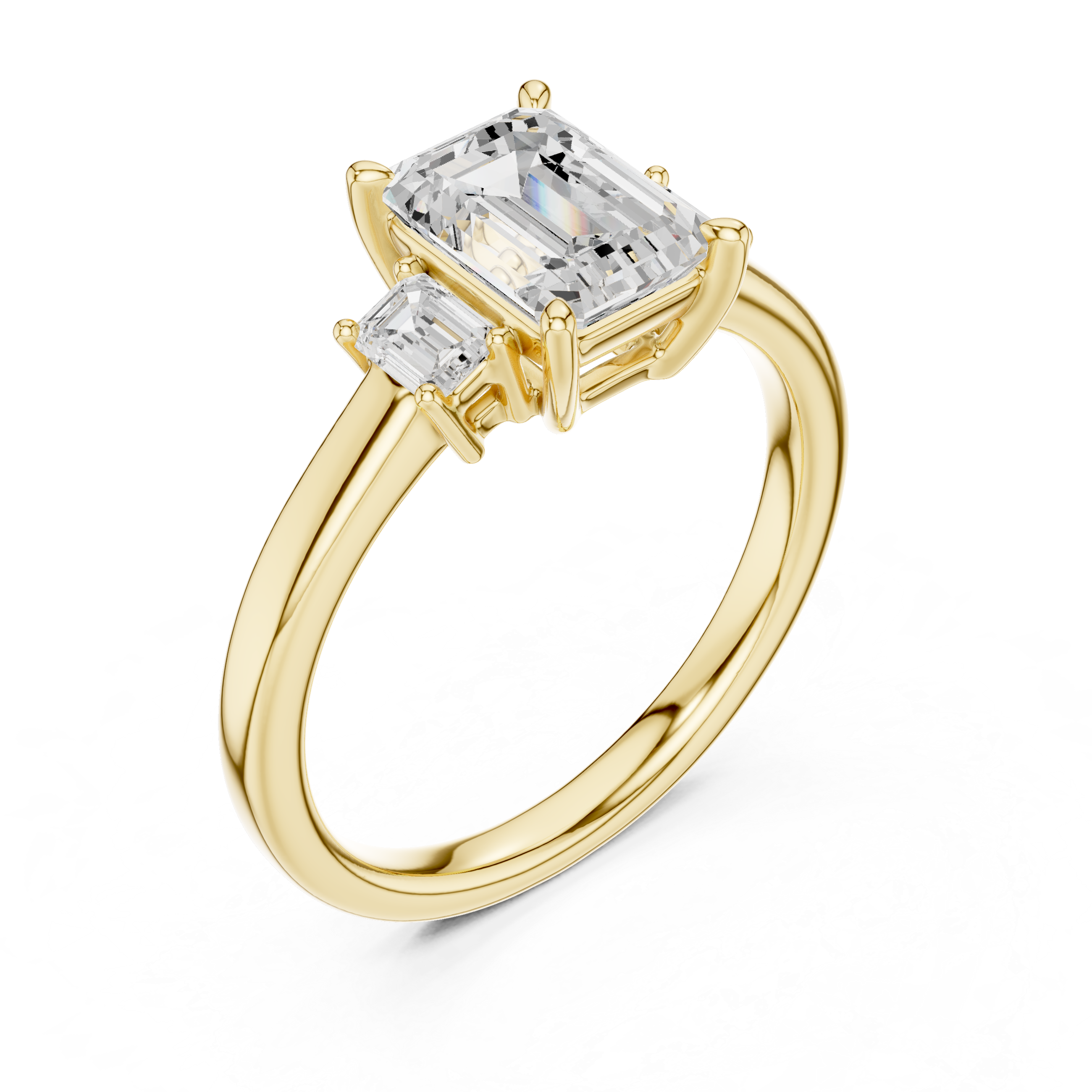 14K gold three-stone engagement ring emerald cut lab diamonds