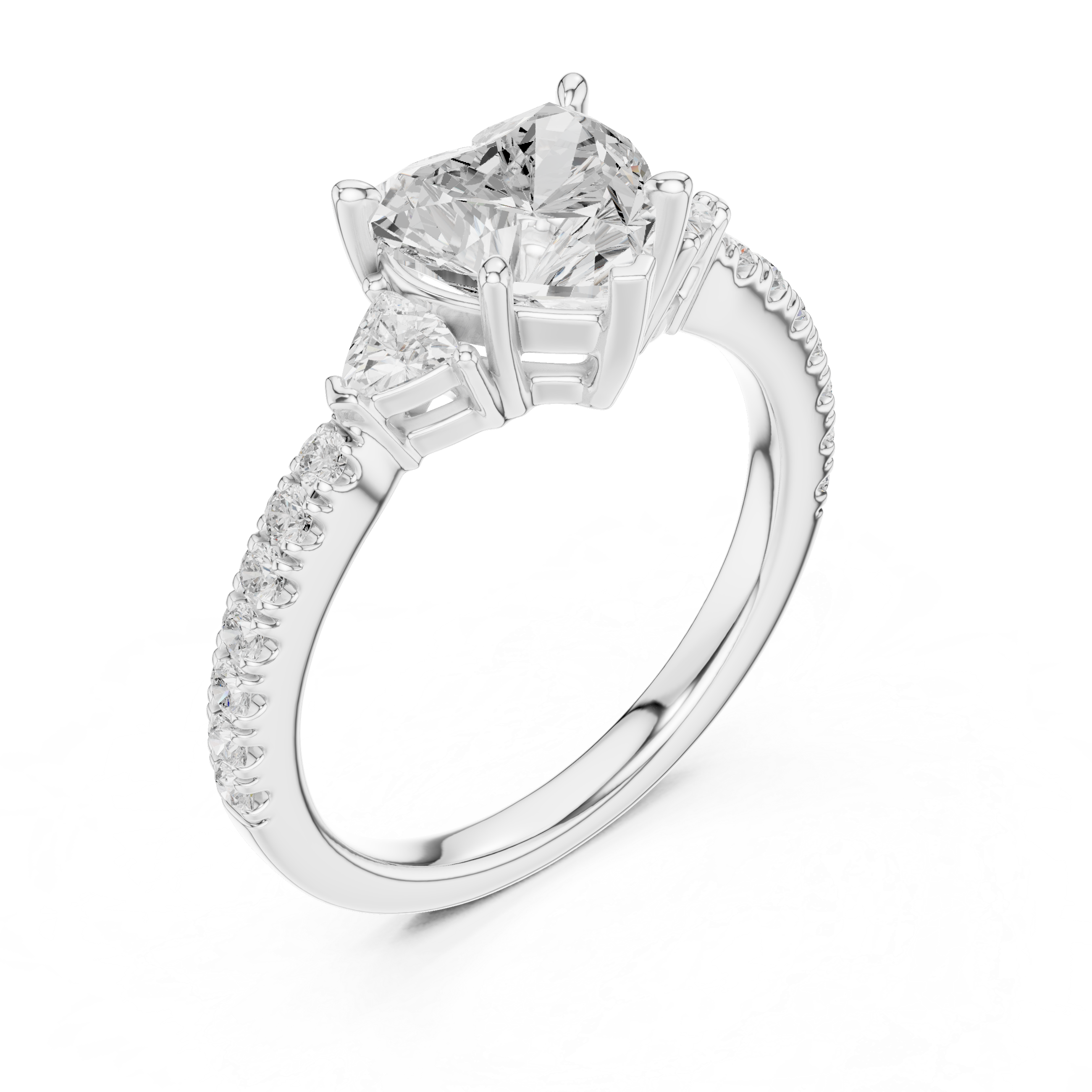 Heart cut lab diamond three-stone ring pavé design