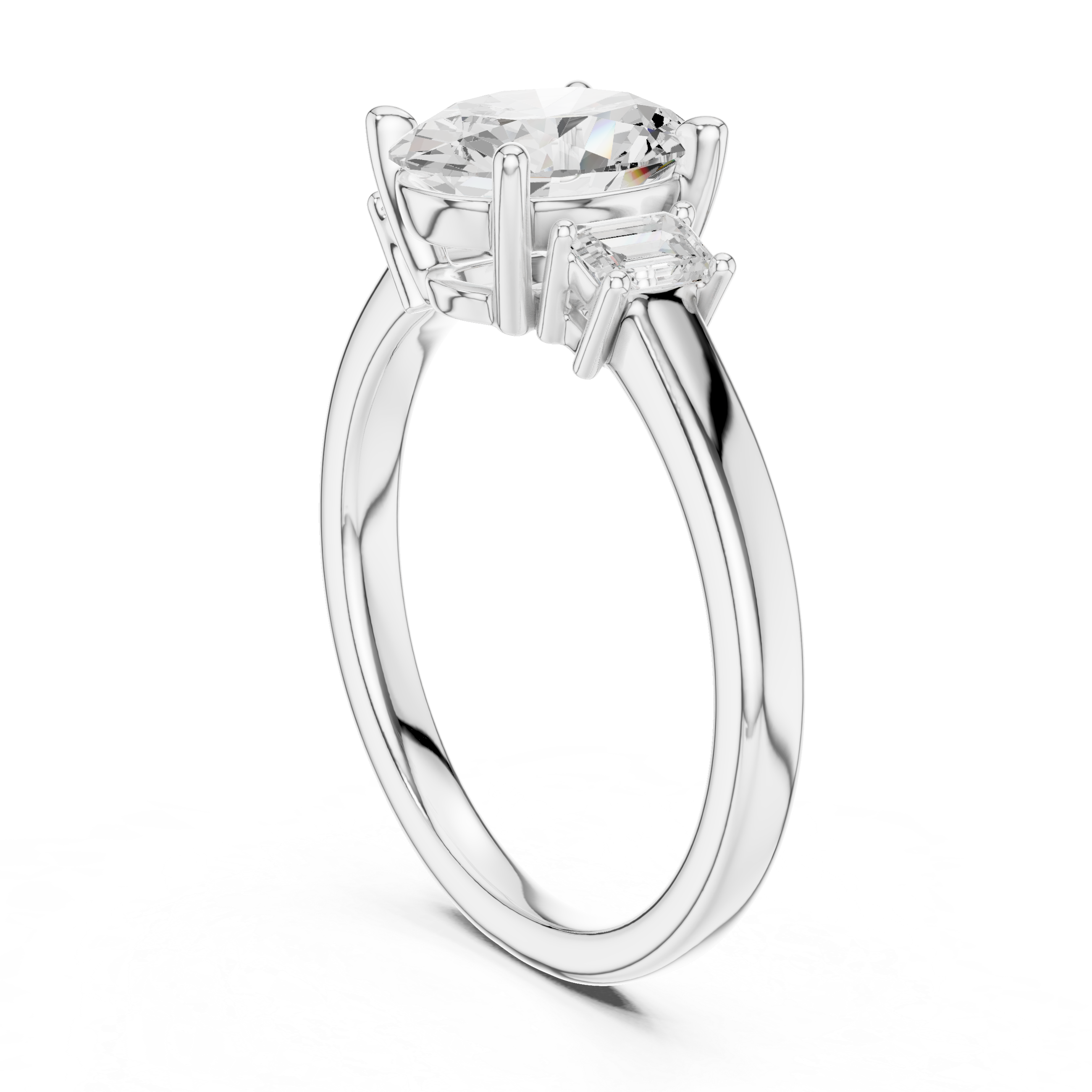 Lab grown oval diamond three-stone ring with emeralds