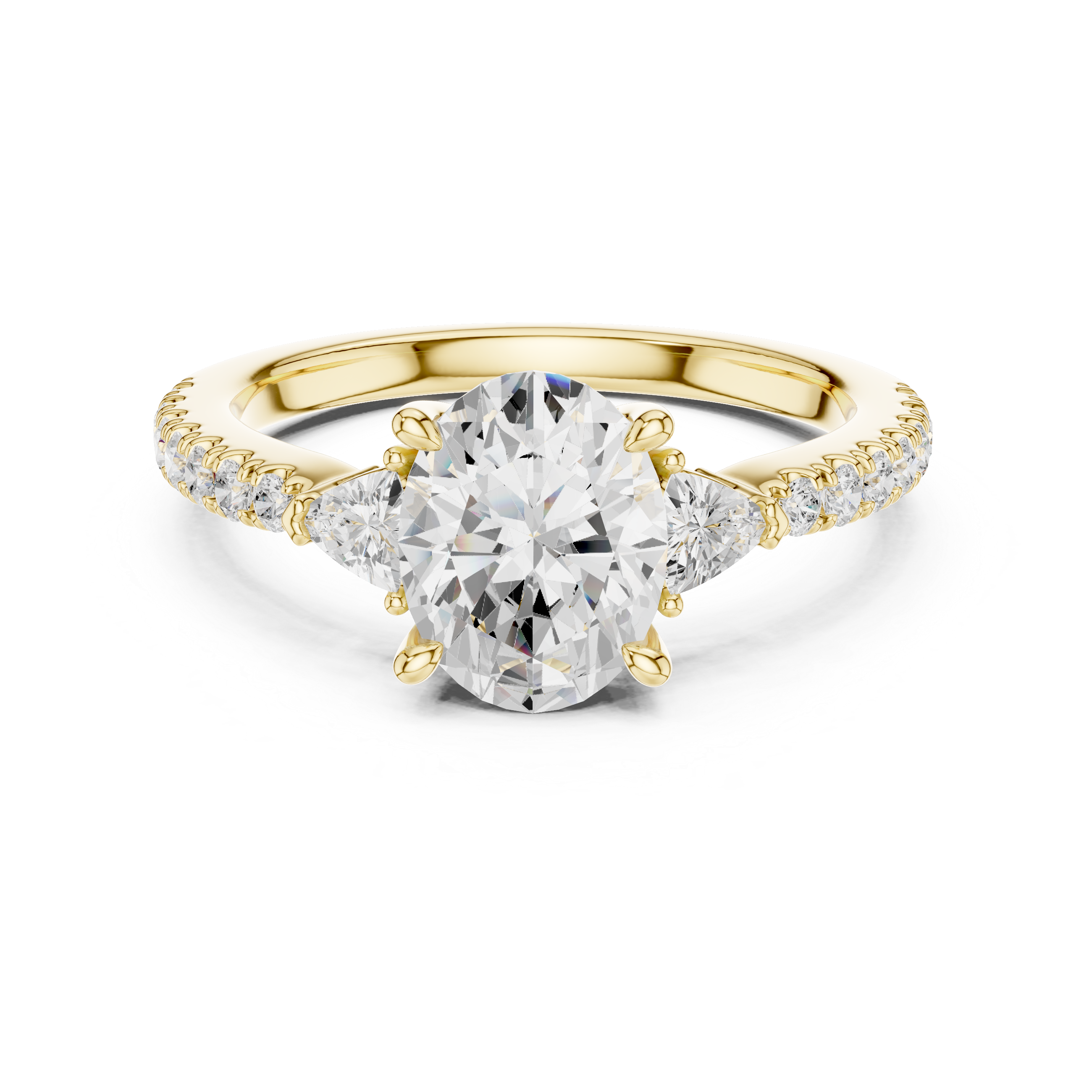 Oval lab diamond three-stone engagement ring with trillion accents