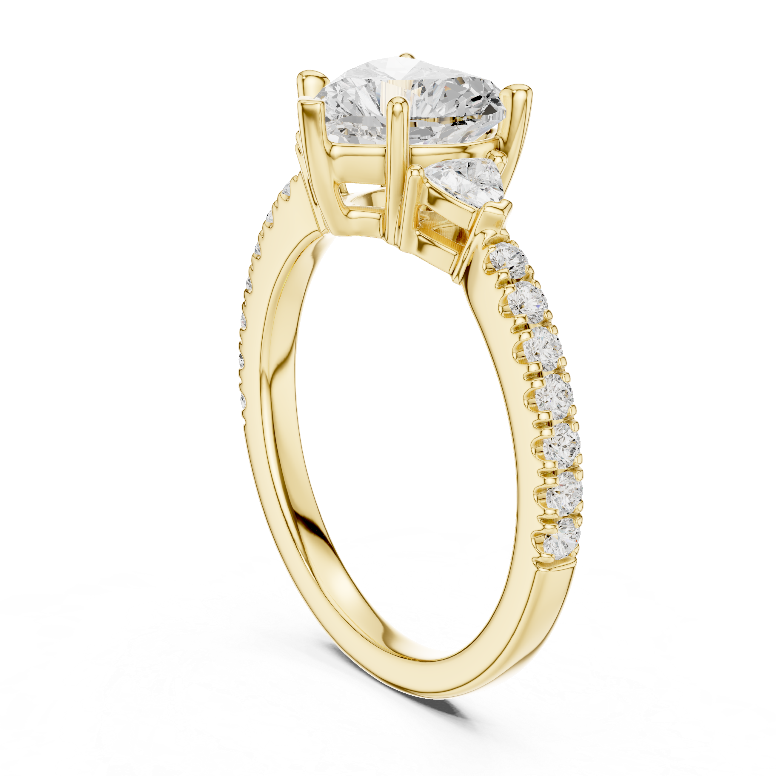 Three-stone heart cut lab diamond ring with pavé band