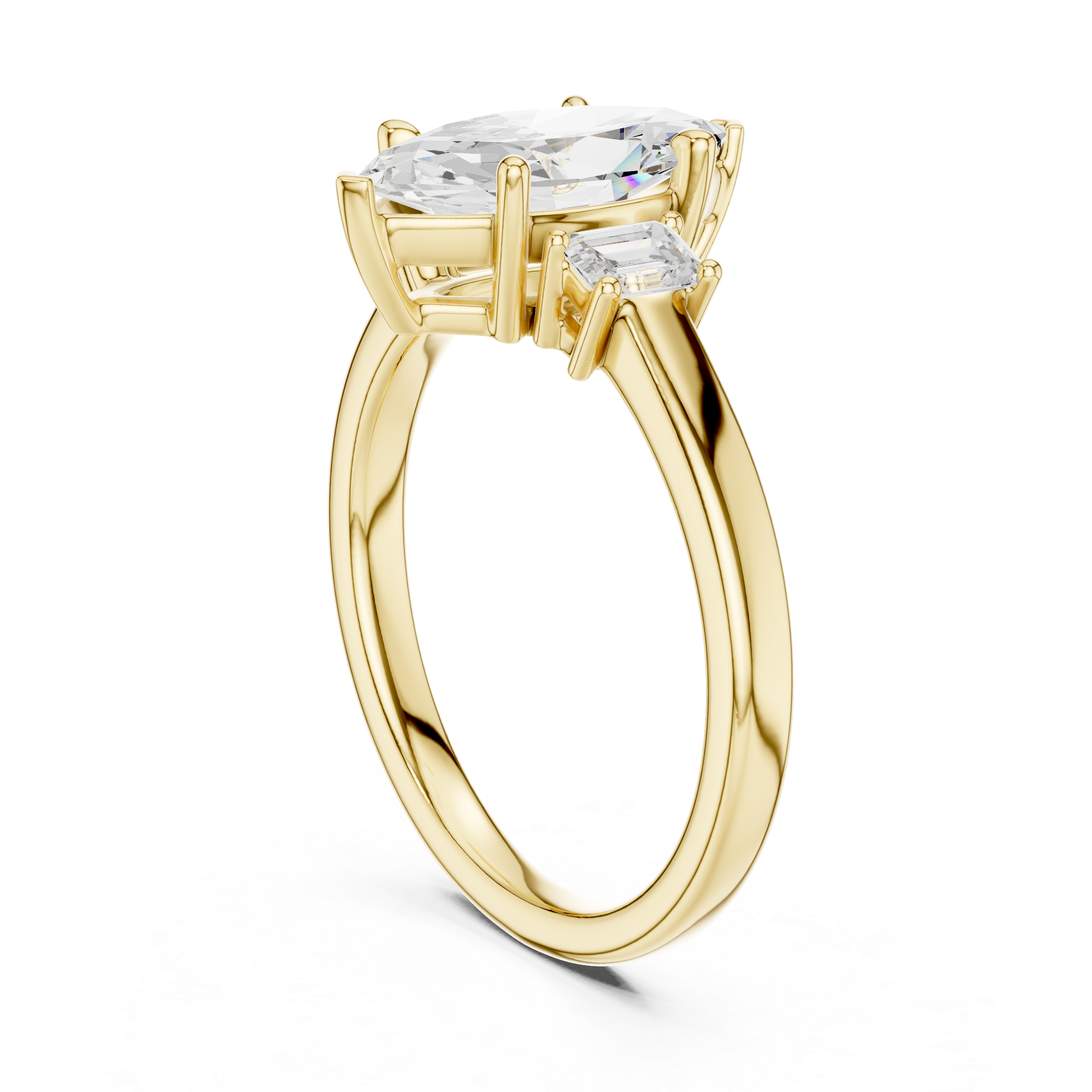 Trilogy ring with marquise lab diamond and emerald side stones