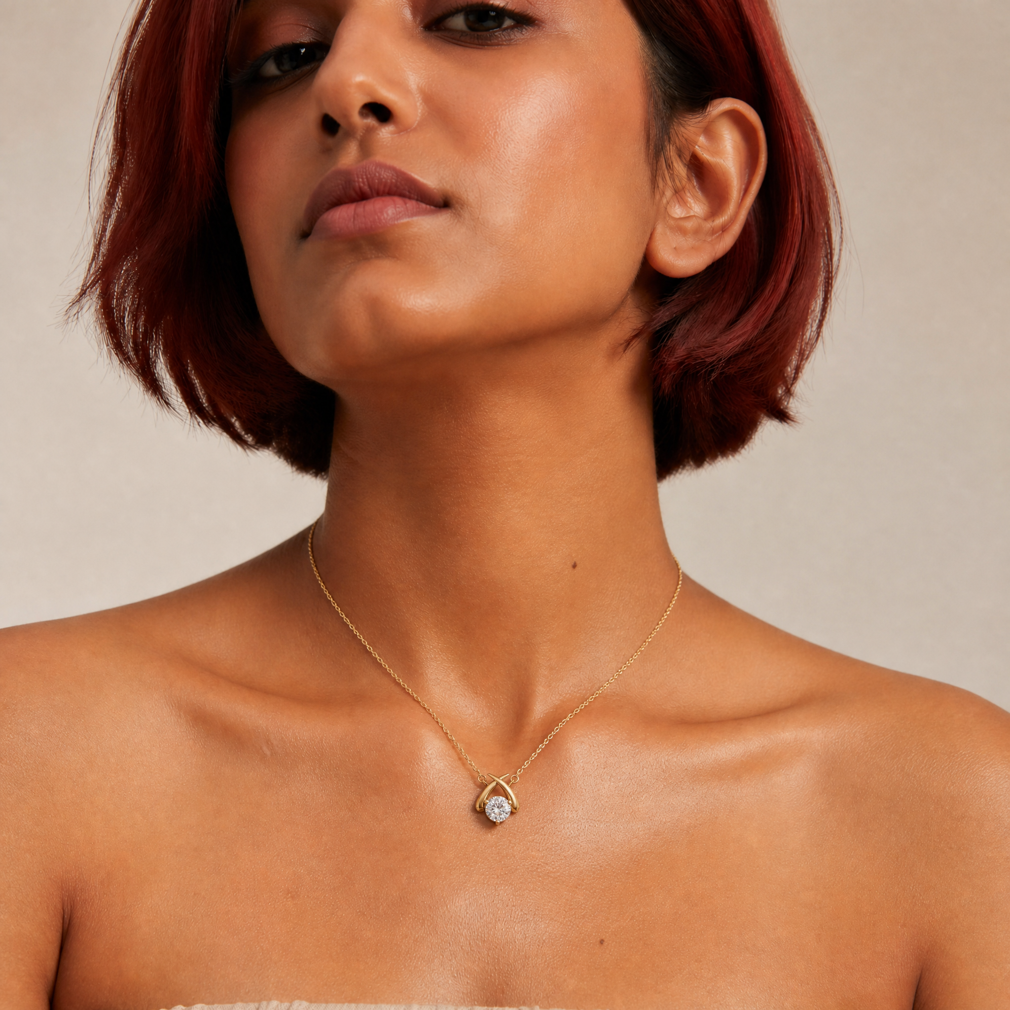 Female Model Wearing Round Lab Grown Diamond Drop Pendant Necklace in 14K Gold by Raul Diamonds