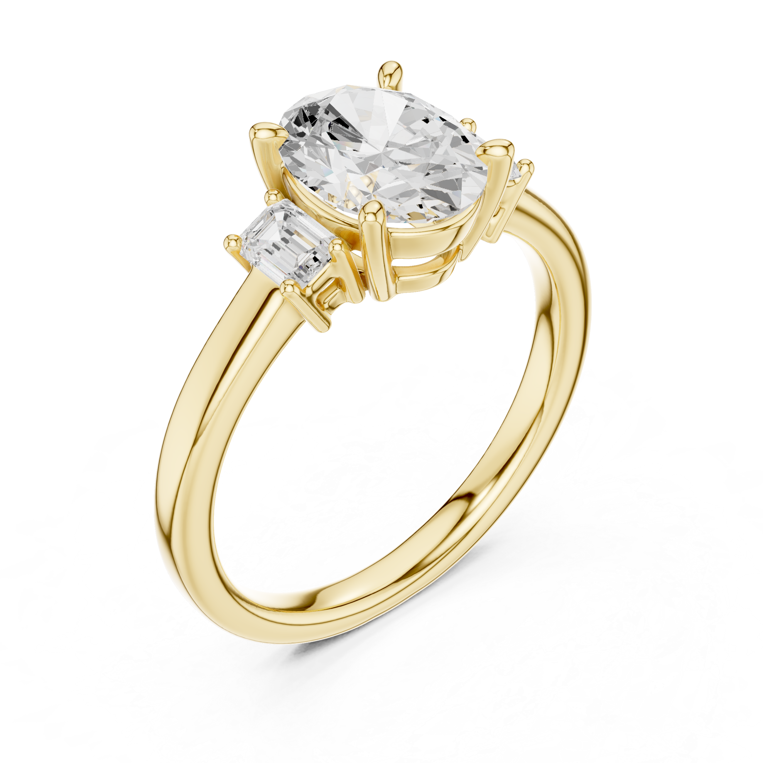 Engagement ring featuring oval lab diamond and emerald side stones