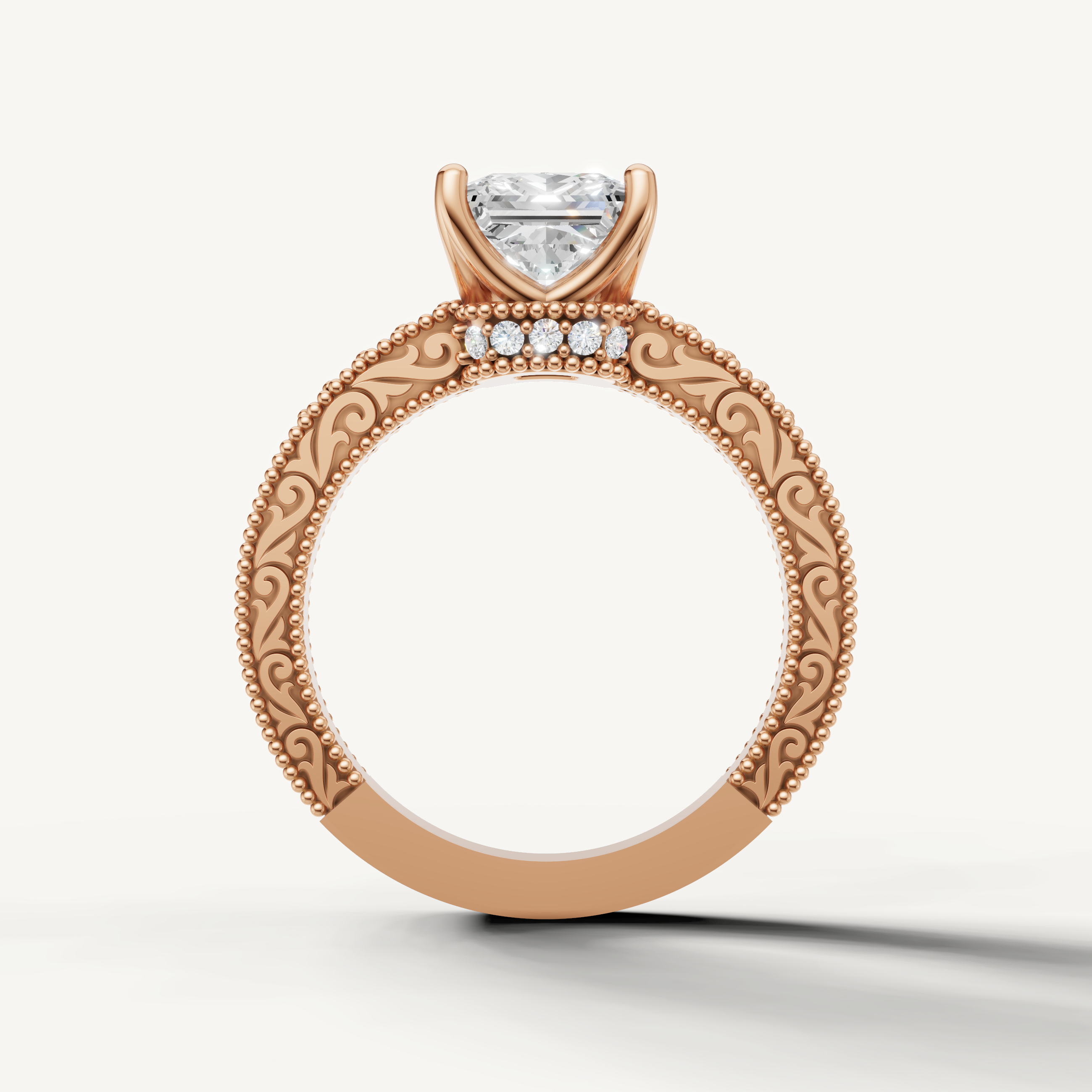 Princess cut lab grown diamond engagement ring in rose gold with elegant antique-inspired detailing by Raul Diamonds.