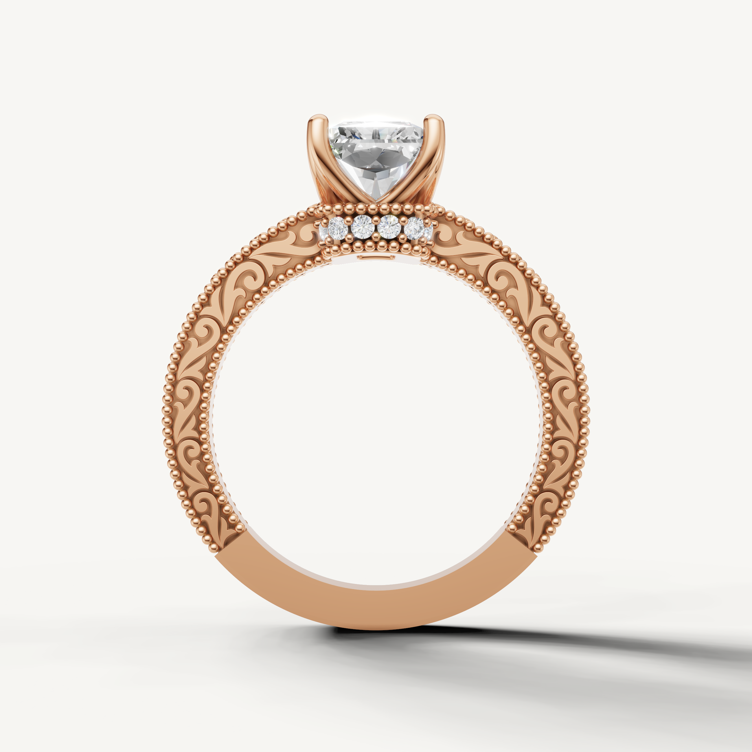 Radiant cut lab grown diamond engagement ring in rose gold with elegant antique-inspired detailing by Raul Diamonds.