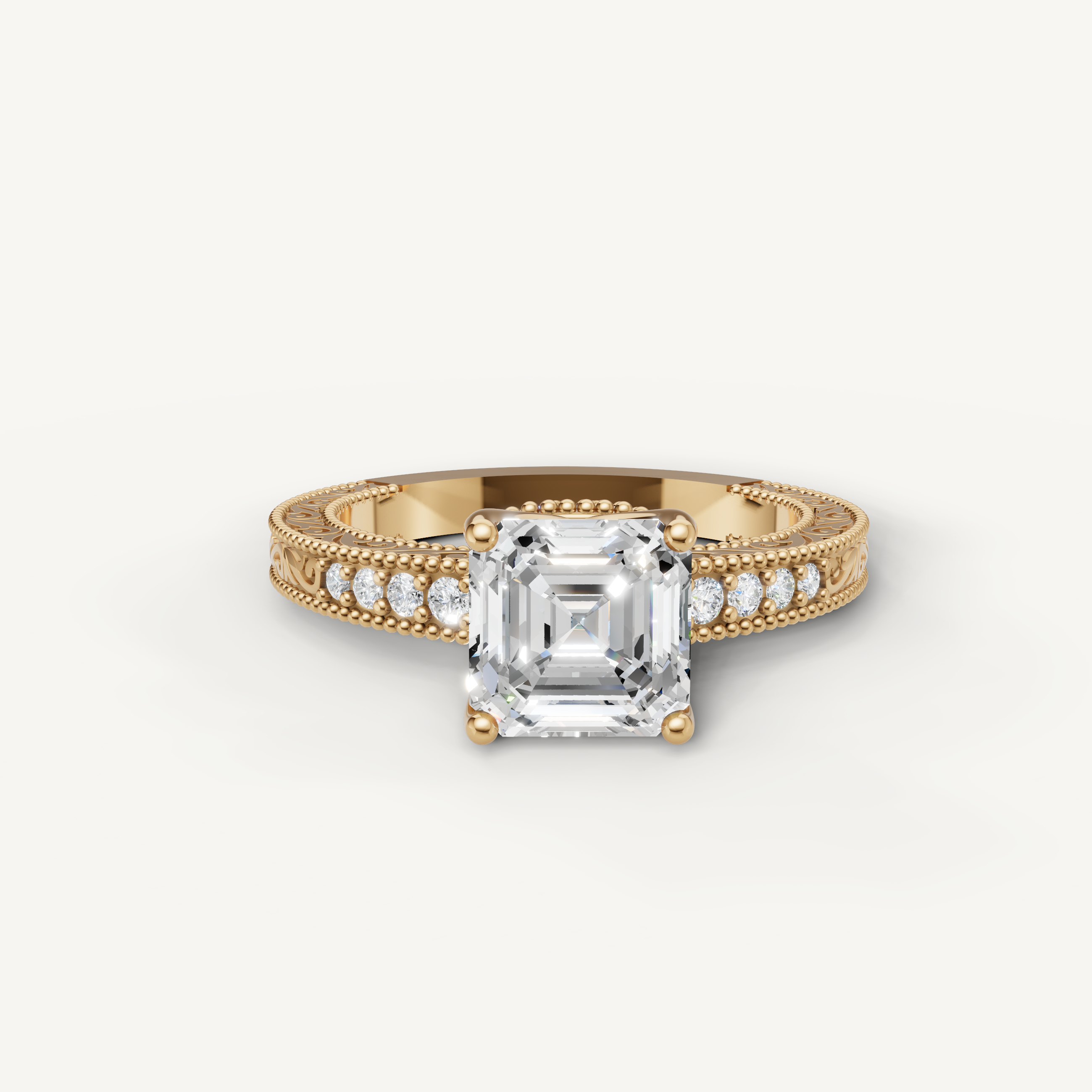 Vintage Asscher cut lab grown diamond engagement ring in 14K yellow gold with ornate filigree and pavé detailing by Raul Diamonds.