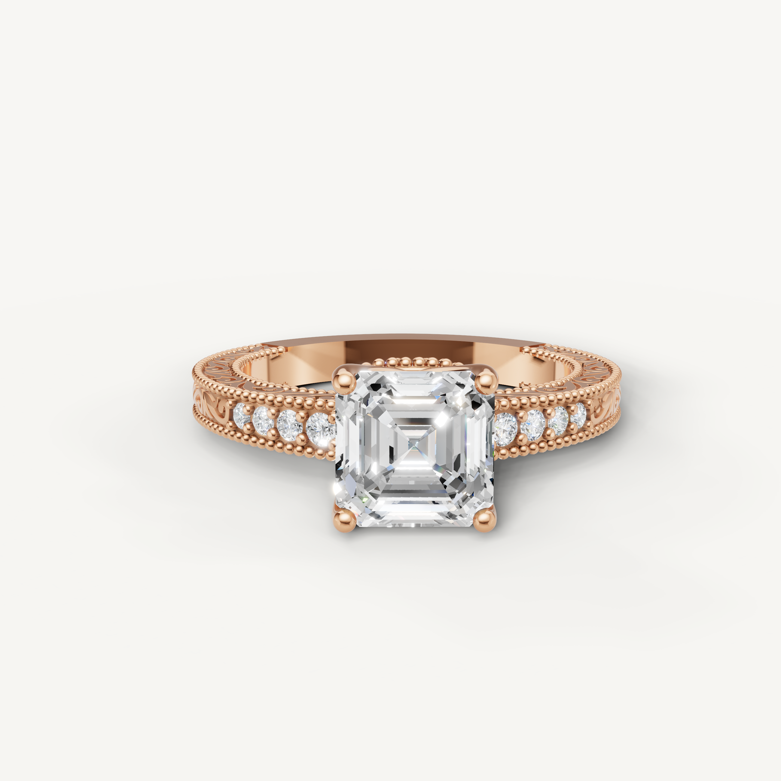 Vintage Asscher cut lab grown diamond engagement ring in 14K rose gold with intricate milgrain and pavé accents by Raul Diamonds.