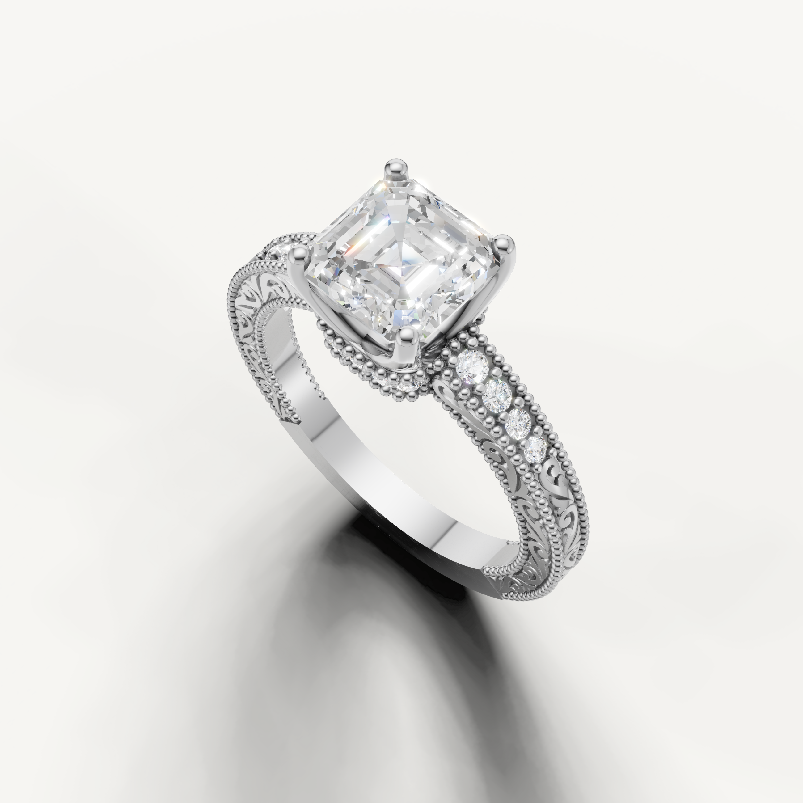 Vintage Asscher cut lab grown diamond engagement ring in 14K white gold with delicate filigree and pavé accents by Raul Diamonds.