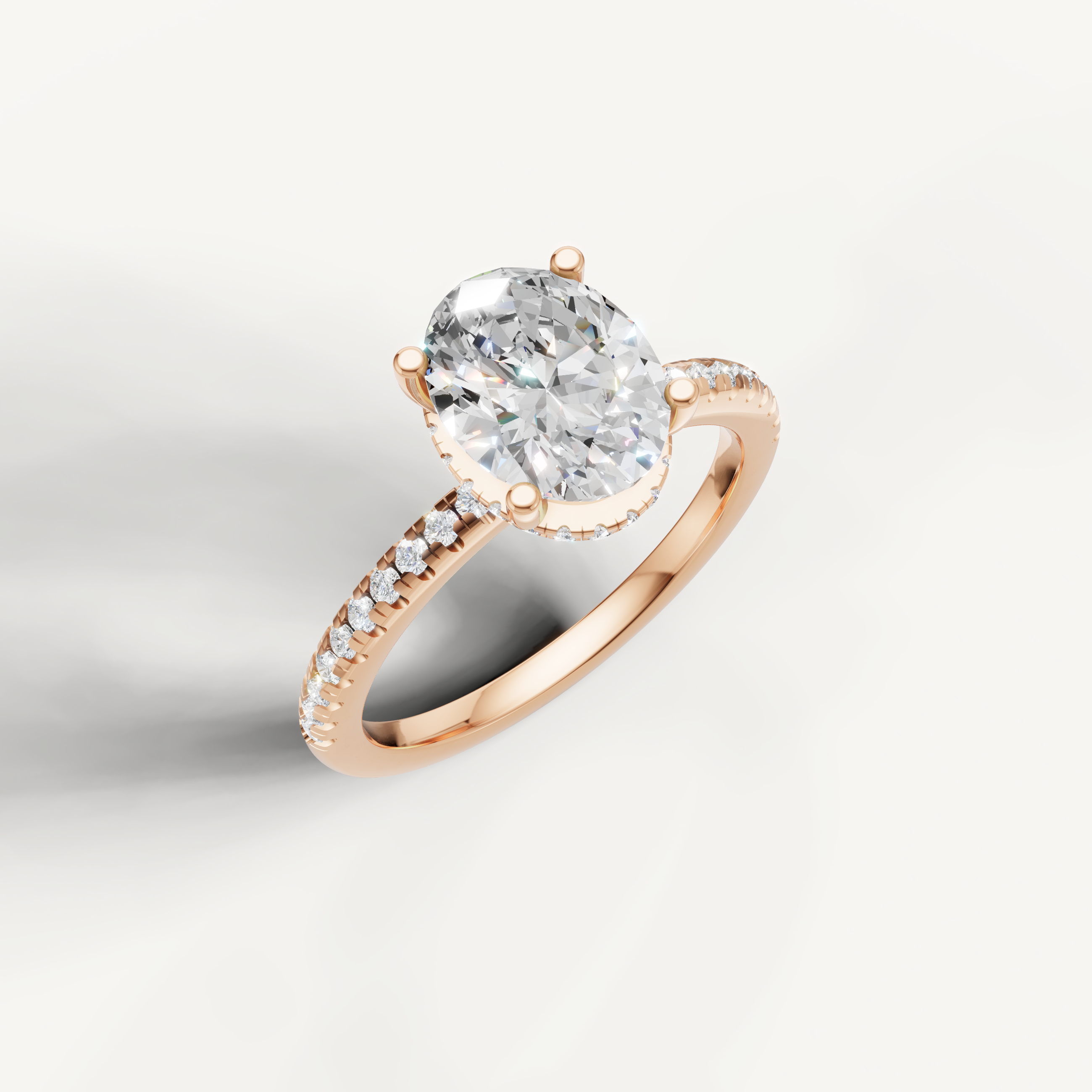 IGI certified oval lab diamond solitaire ring with slim pavé shank rose gold