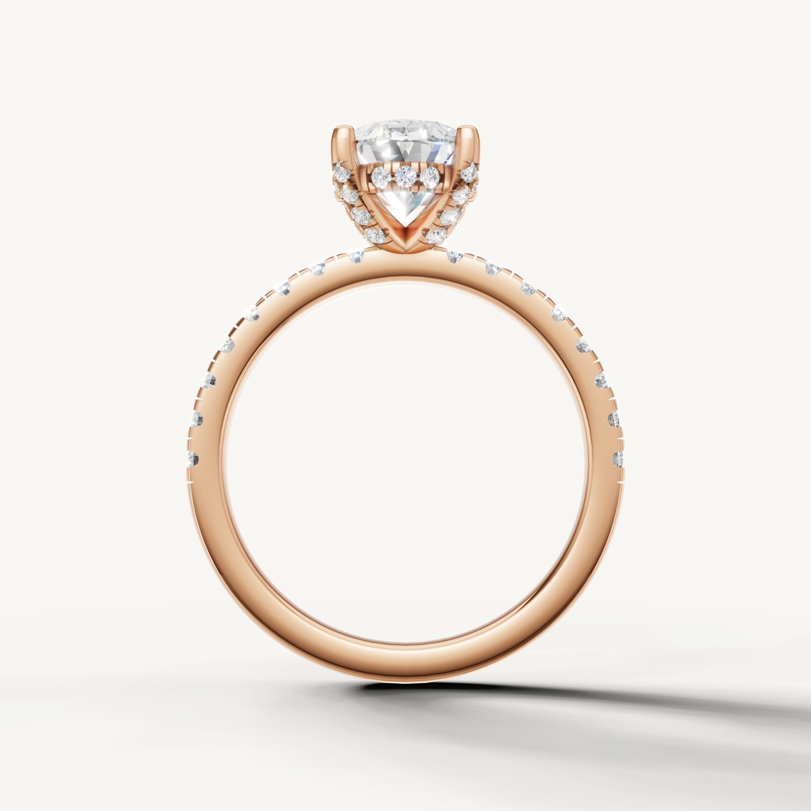 elongated oval lab grown diamond ring with pavé band rose gold