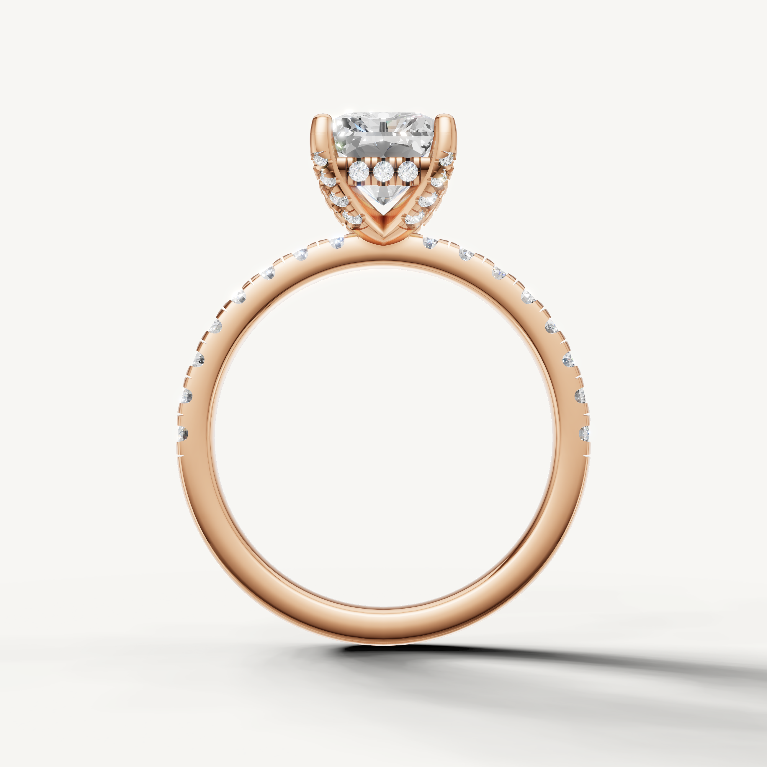 Radiant shape lab grown diamond ring with half pavé band rose gold