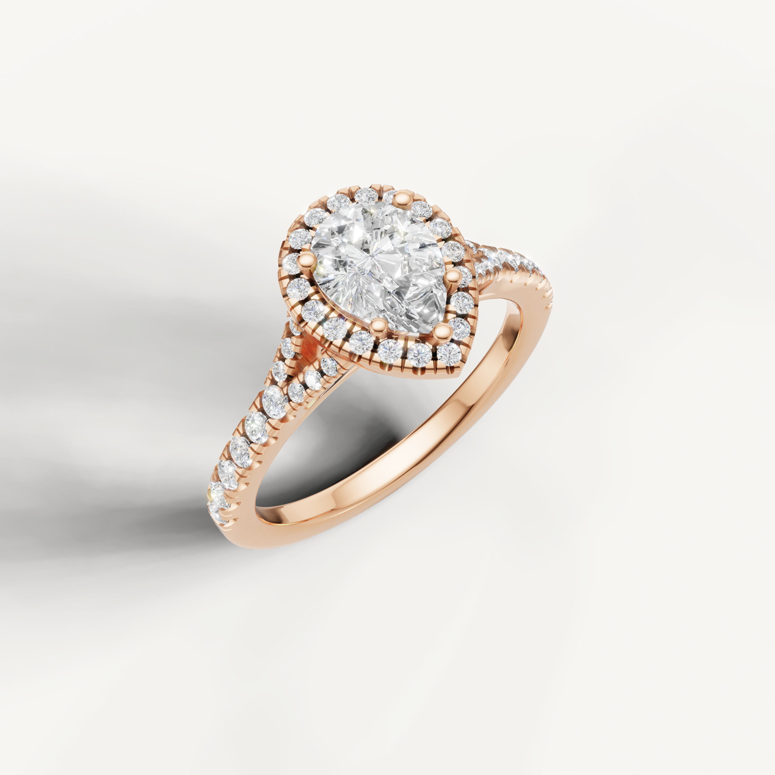 IGI certified pear shaped lab diamond halo ring with pavé band rose gold DEF VVS
