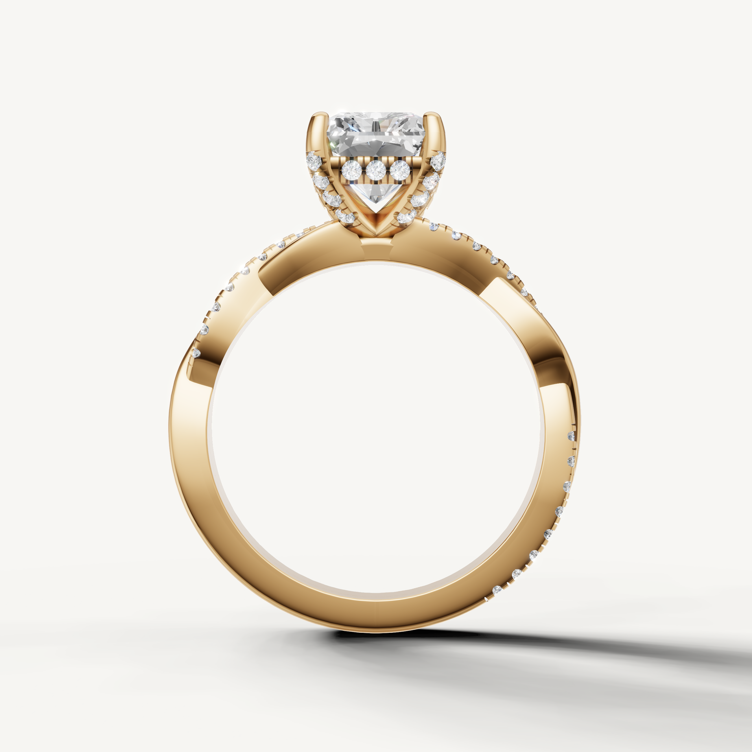 elongated radiant lab grown diamond engagement ring in 14k yellow gold with graceful crossover detailing