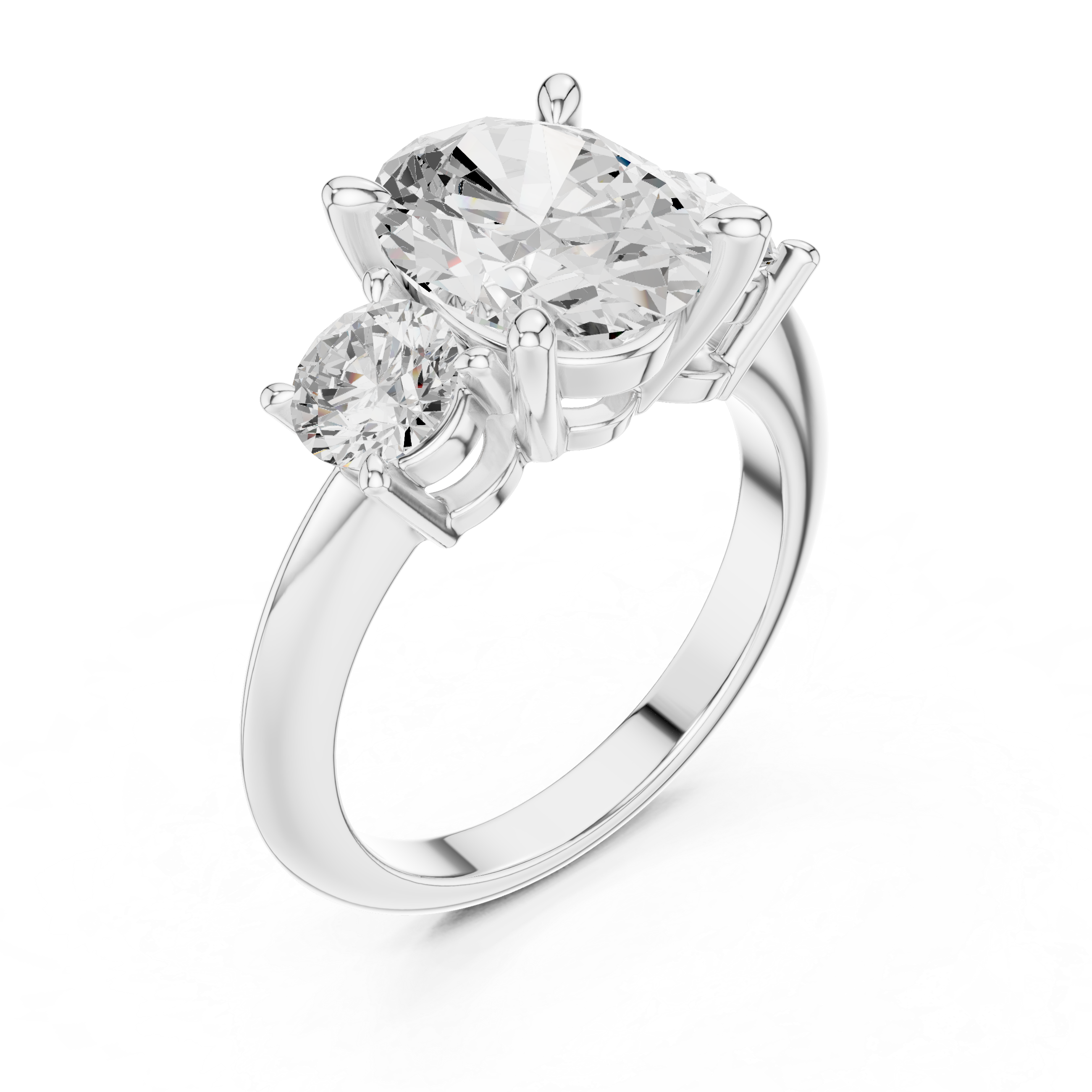 Engagement ring with oval lab grown diamond three stone design