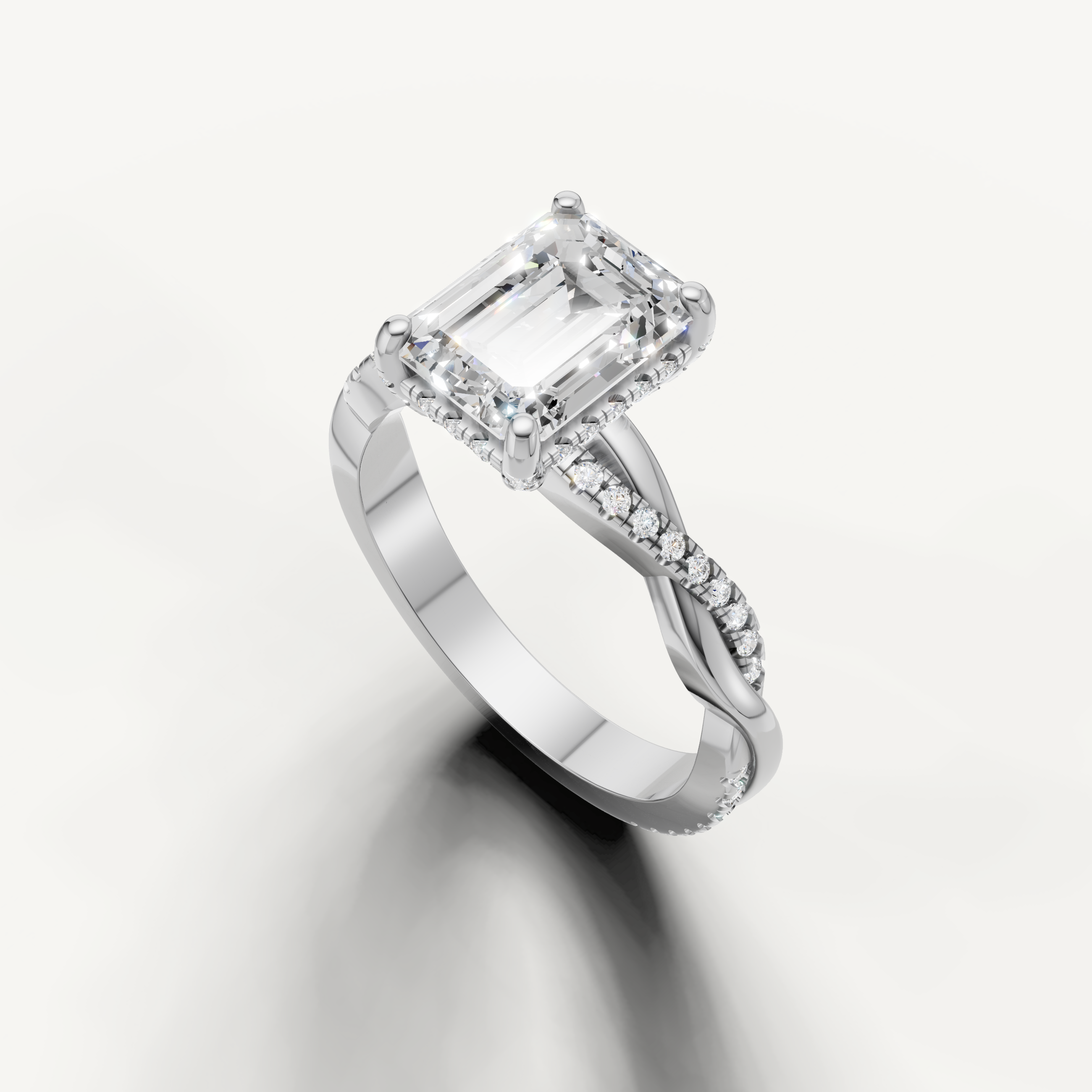 High-polish white gold emerald cut engagement ring featuring a hall-of-mirrors diamond effect