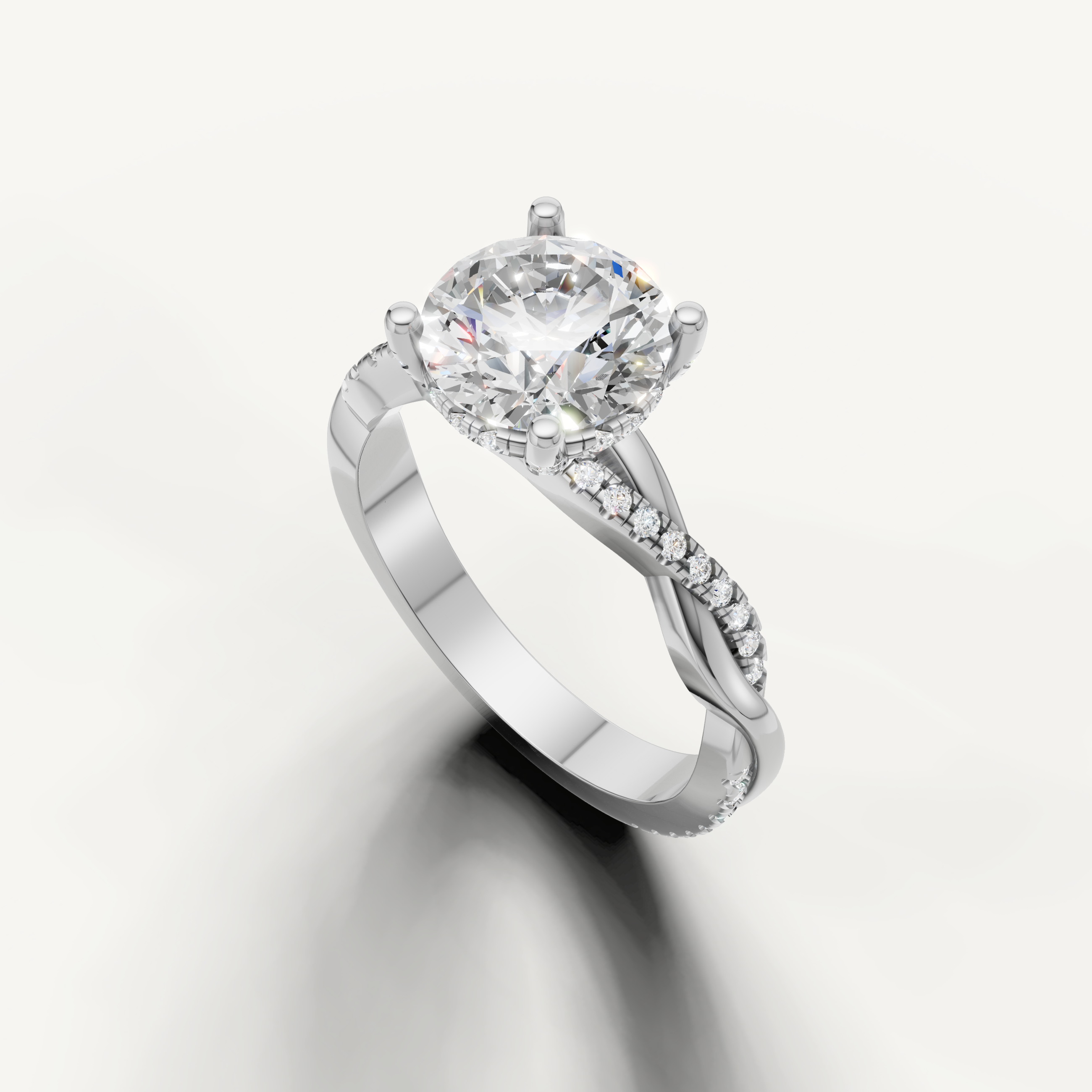 14k white gold round lab grown diamond ring featuring a sleek crossover pavé design