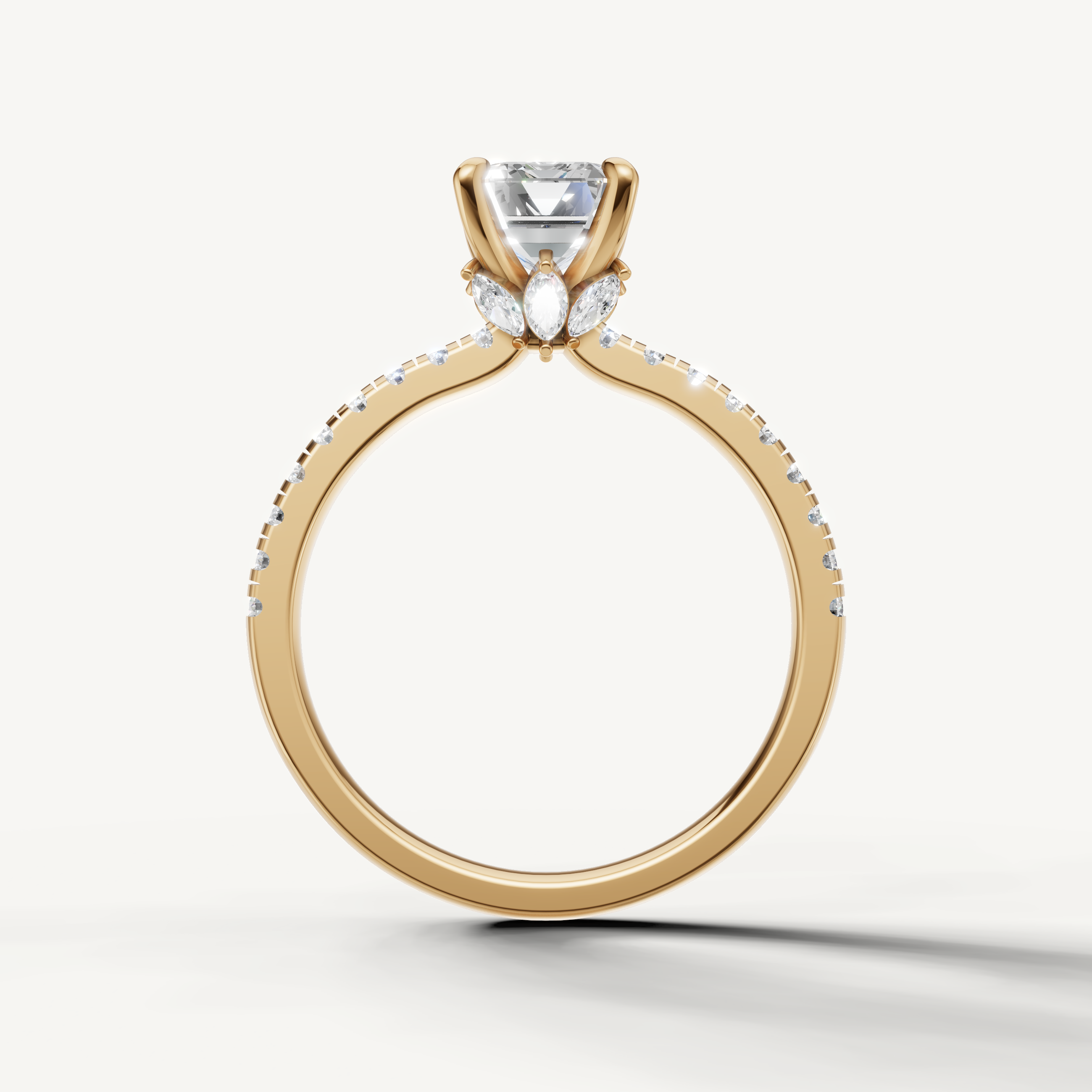 Emerald shape lab grown diamond ring with half pavé band yellow gold classic style
