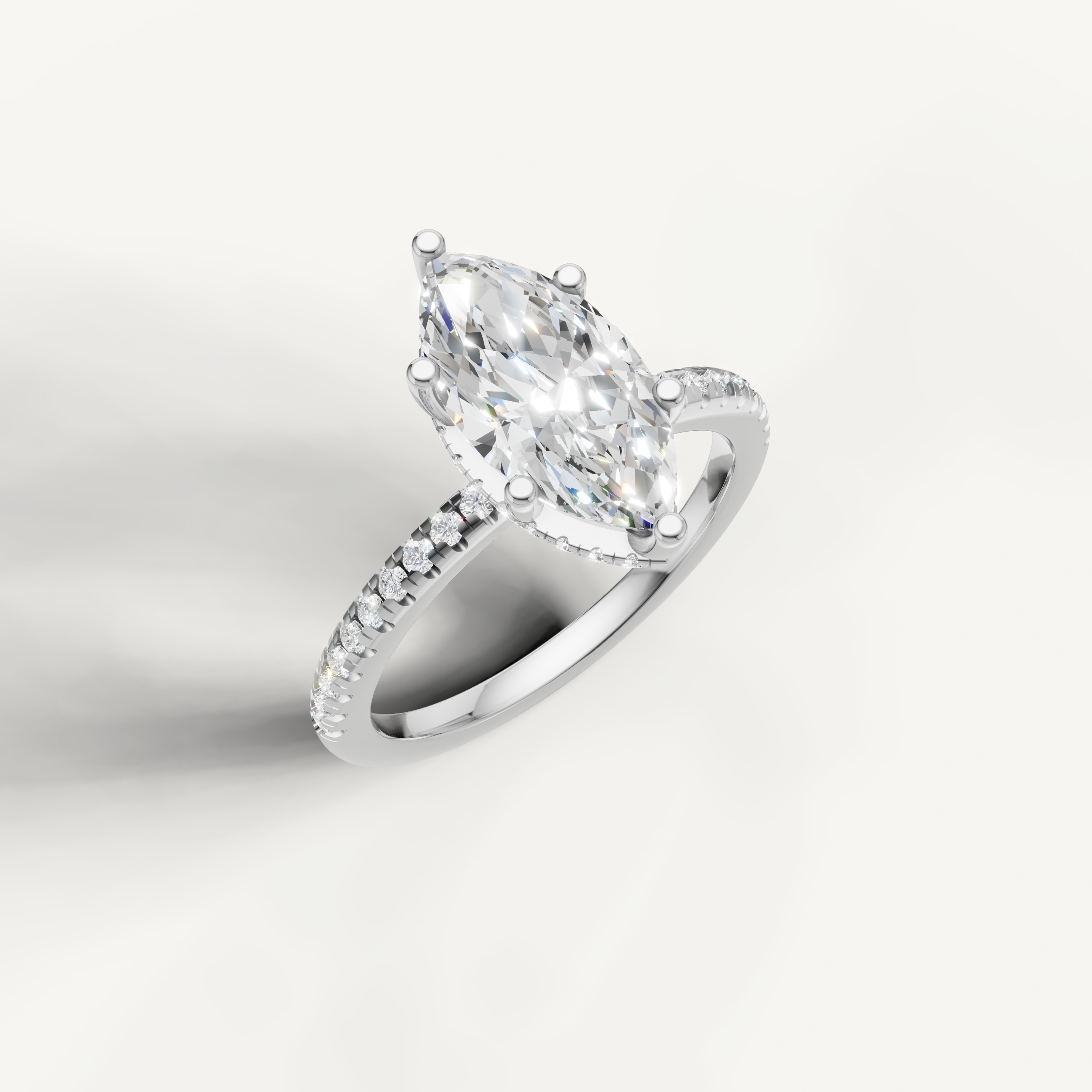 IGI certified marquise lab diamond solitaire ring with slim pavé shank white gold