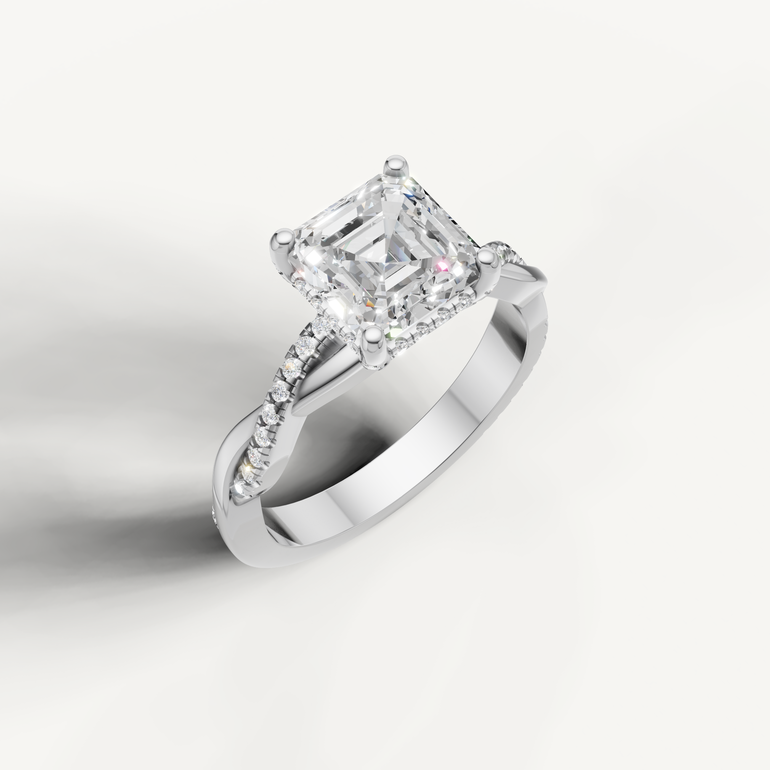 elegant asscher cut lab grown diamond engagement ring in 14k white gold with twisted pavé band and hidden halo detail