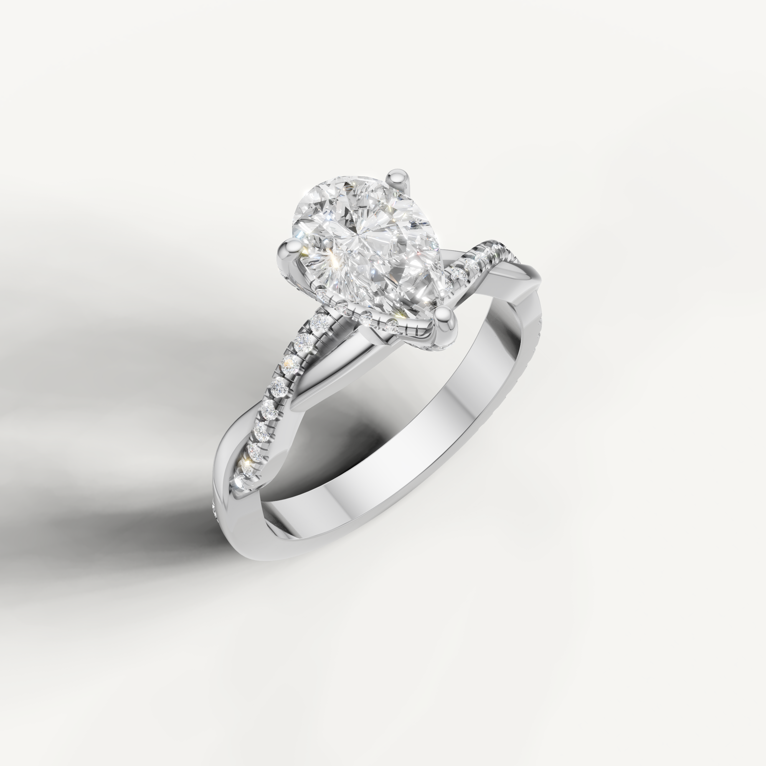 sophisticated pear shaped lab grown diamond engagement ring in 14k white gold with twisted pavé split shank