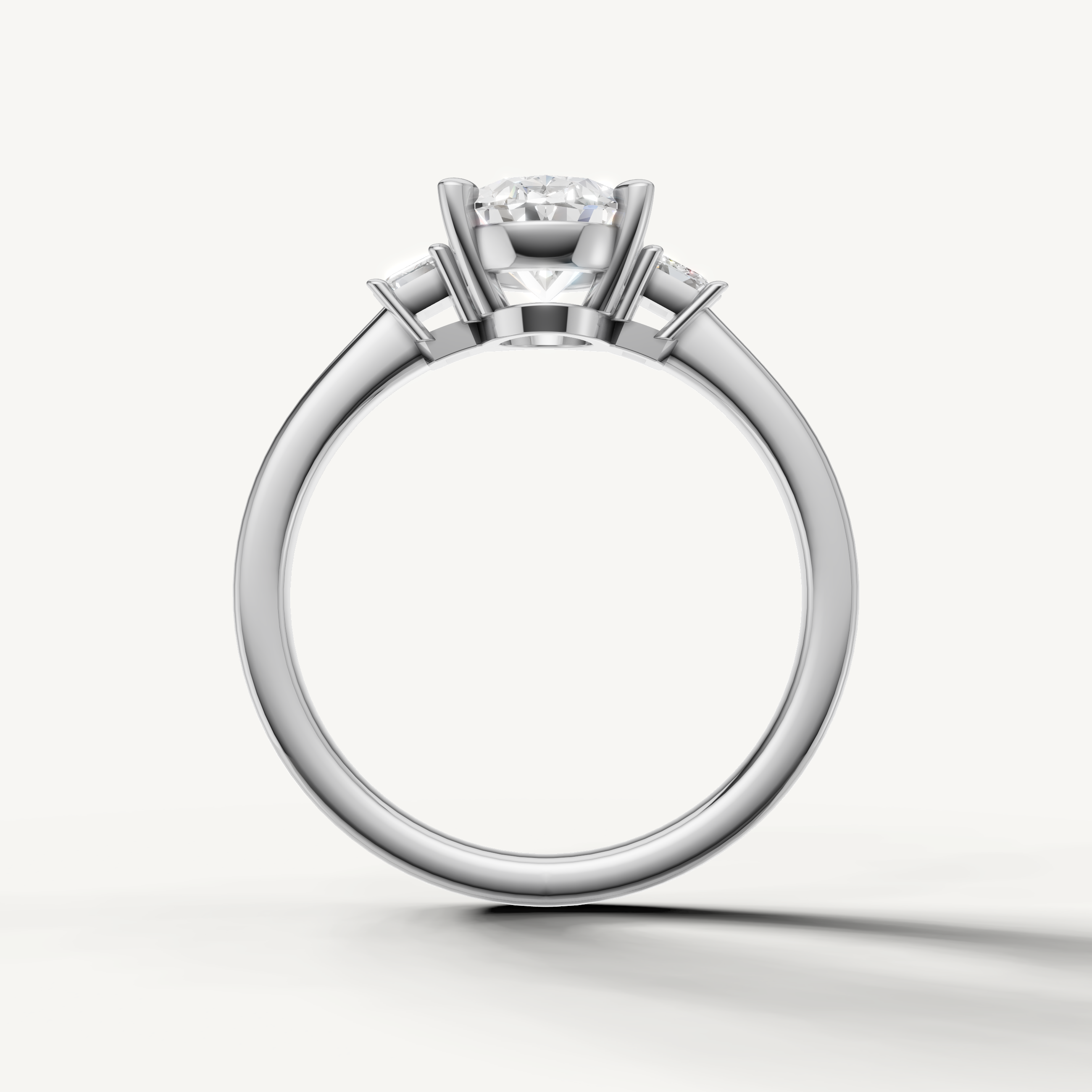 Classic oval lab grown diamond engagement ring in white gold with emerald side diamonds