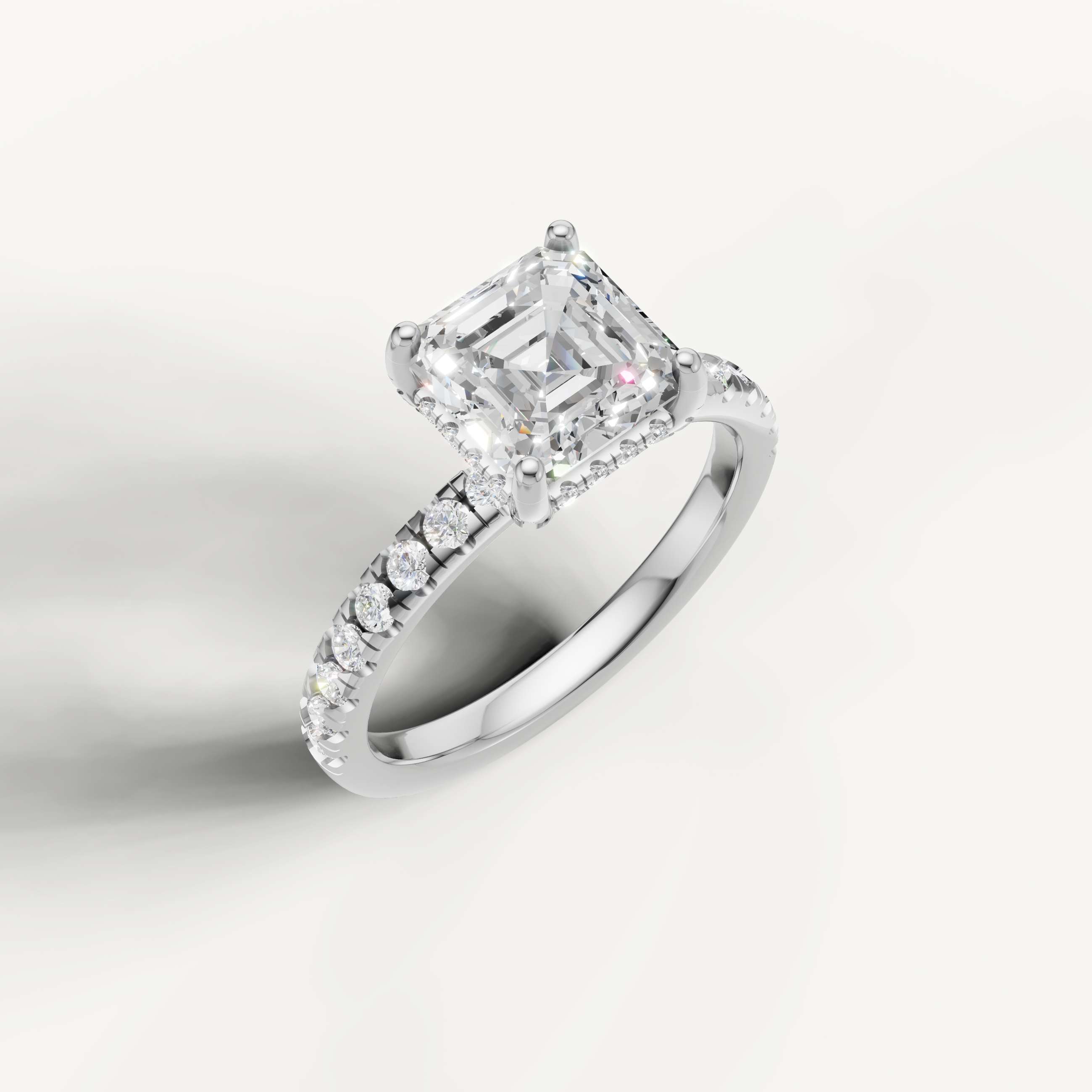 IGI certified asscher lab diamond ring micro pavé band white gold front view