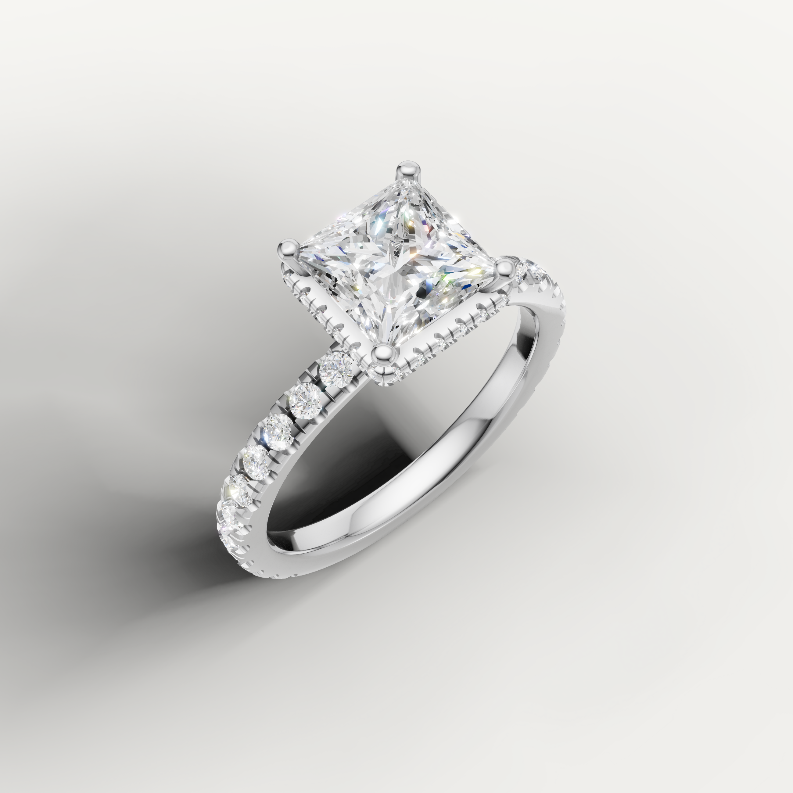 elegant princess cut lab grown diamond ring in 14k white gold with hidden halo and shimmering pavé setting
