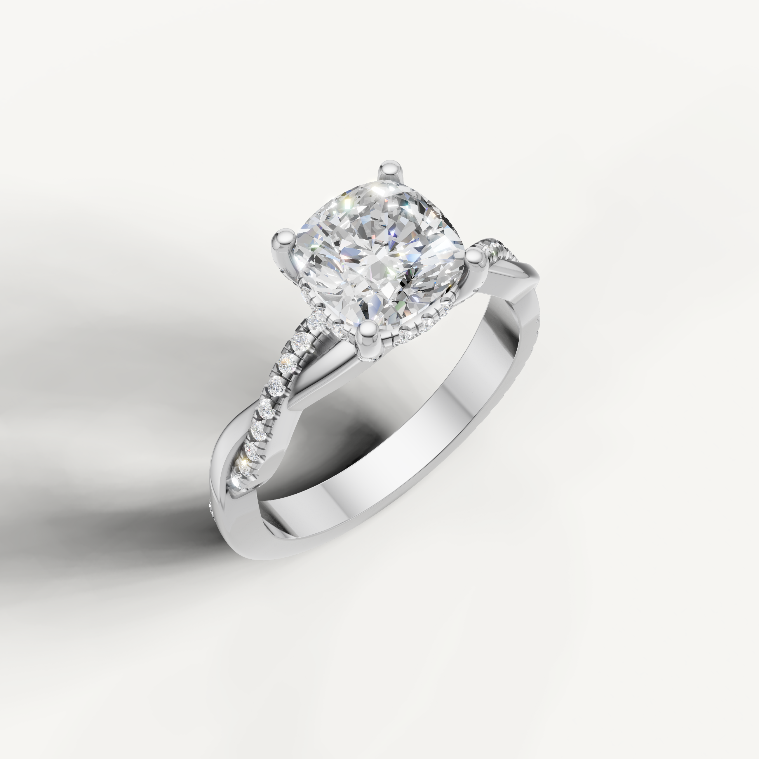 elegant cushion cut lab grown diamond engagement ring in 14k white gold with twisted pavé diamond band