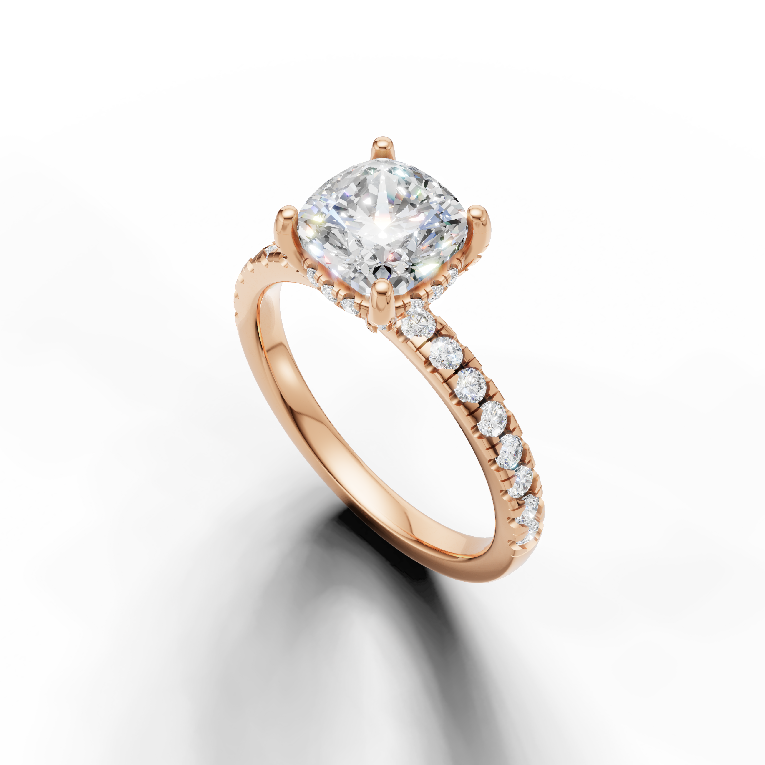 Cushion cut solitaire diamond ring with pavé band rose gold elegant design