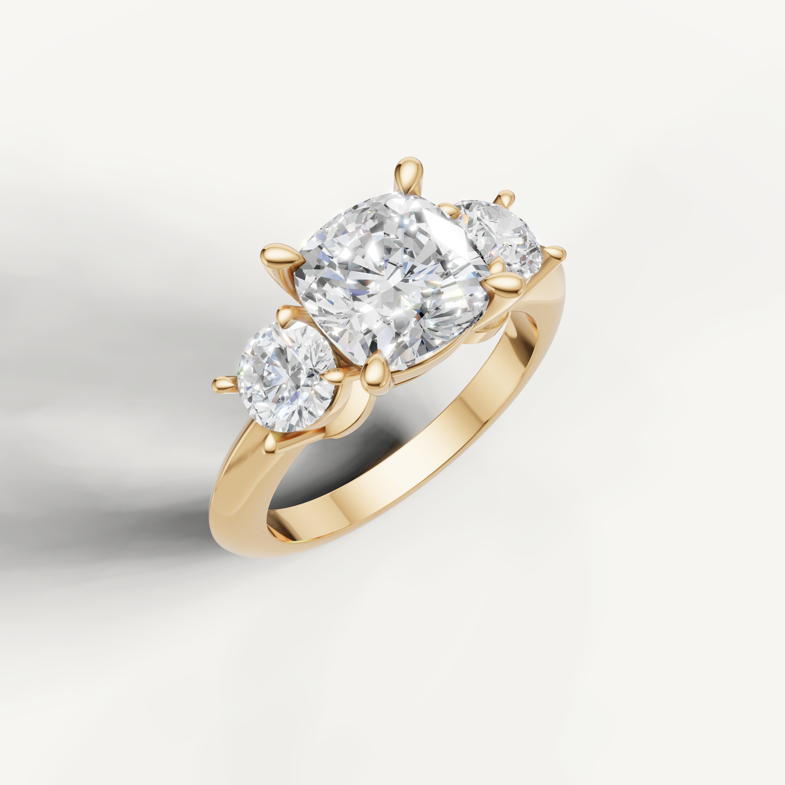 IGI certified cushion lab diamond ring with round side stones yellow gold DEF VVS