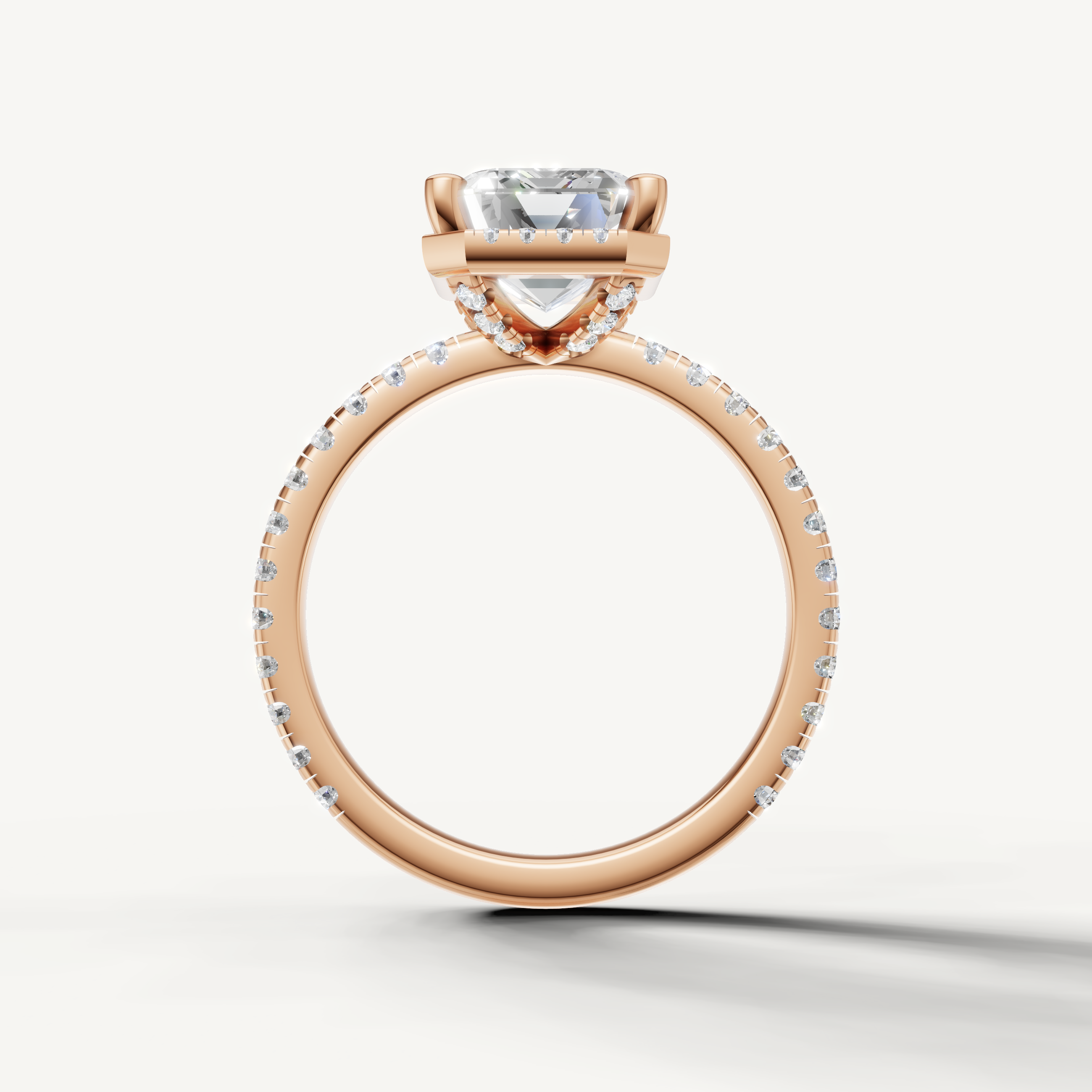 Step cut emerald lab grown diamond ring with hidden halo pavé band rose gold fine jewelry