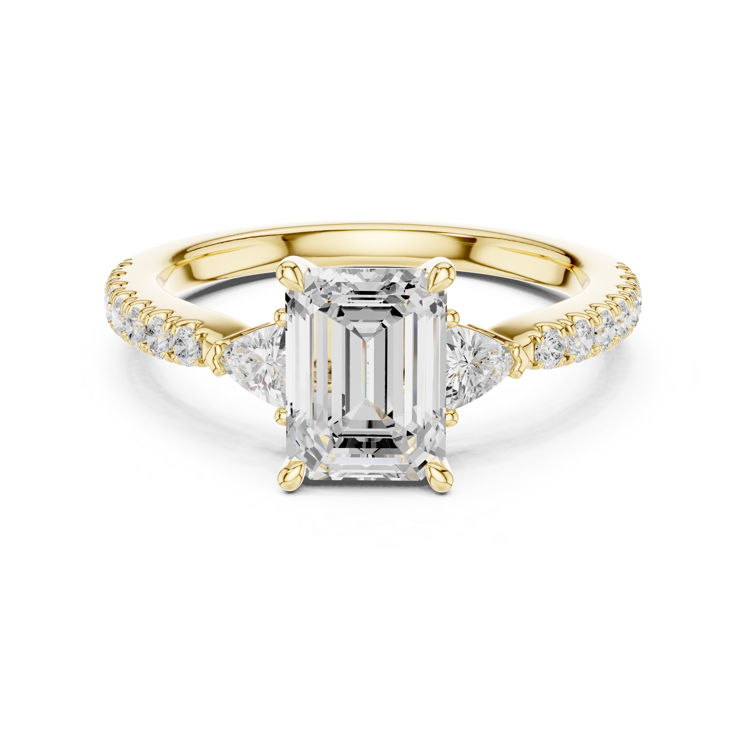 Emerald cut lab diamond three-stone ring with trillion accents