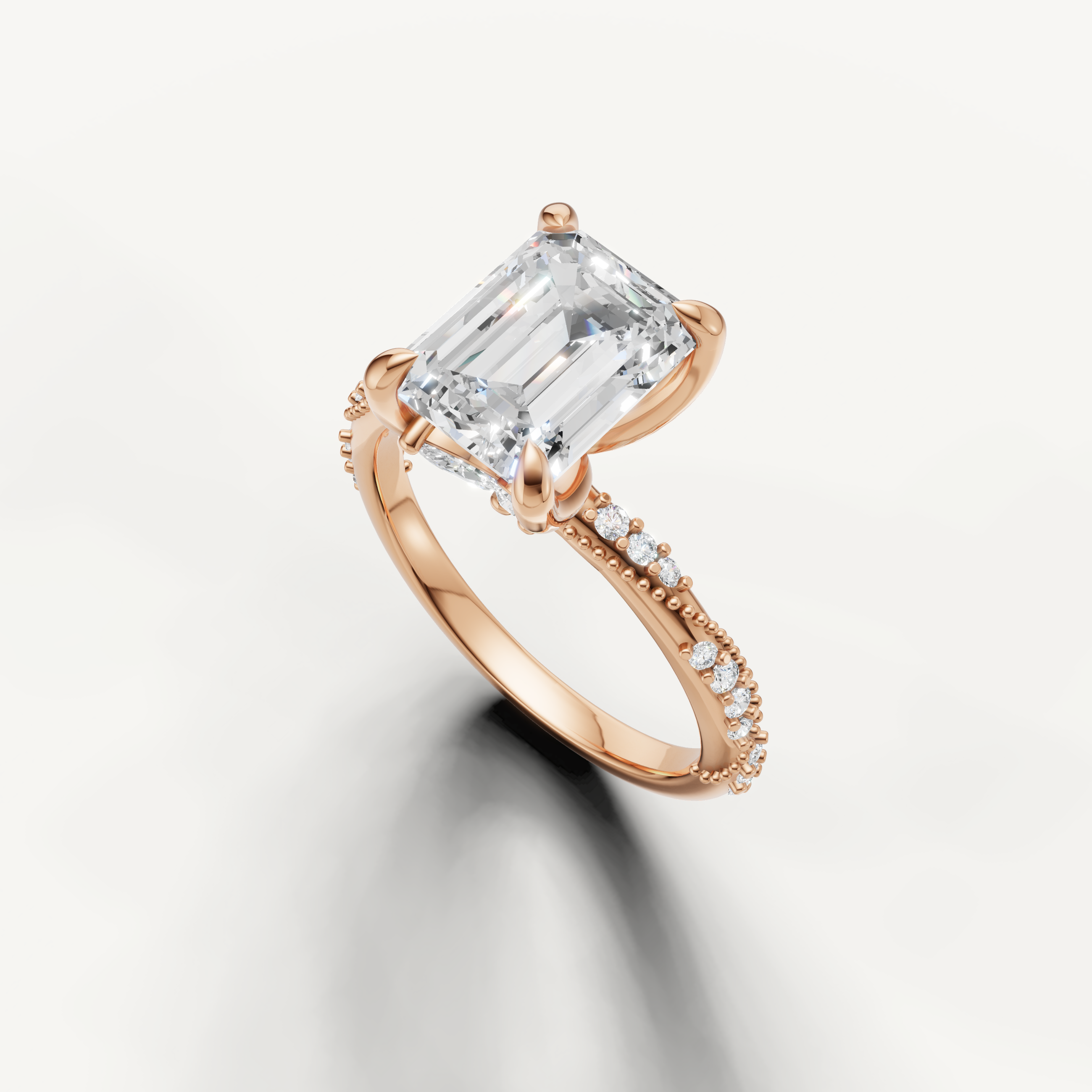 vintage inspired emerald cut diamond ring with milgrain twisted pavé setting rose gold
