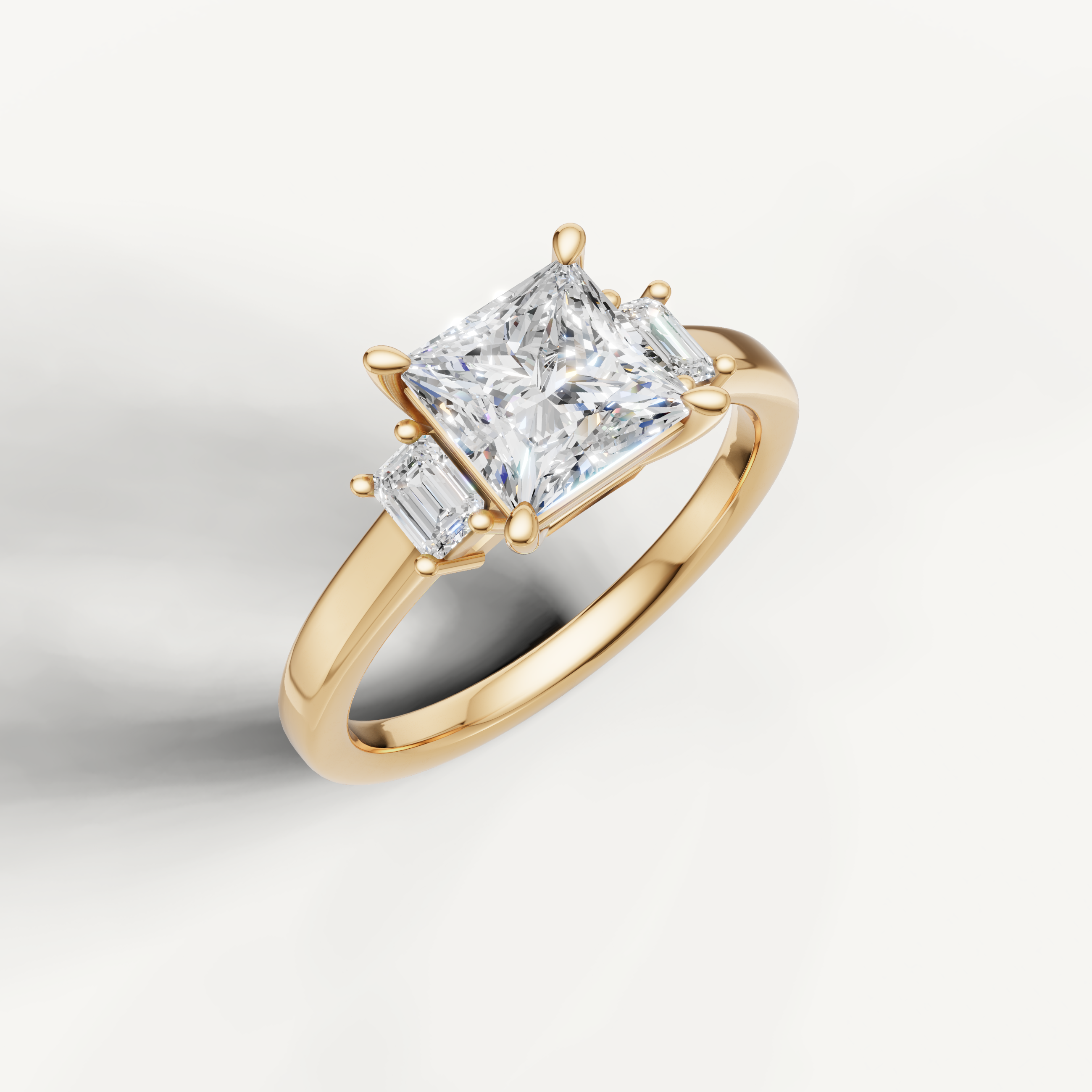 14K yellow gold princess lab grown diamond ring with step cut side diamonds and polished band