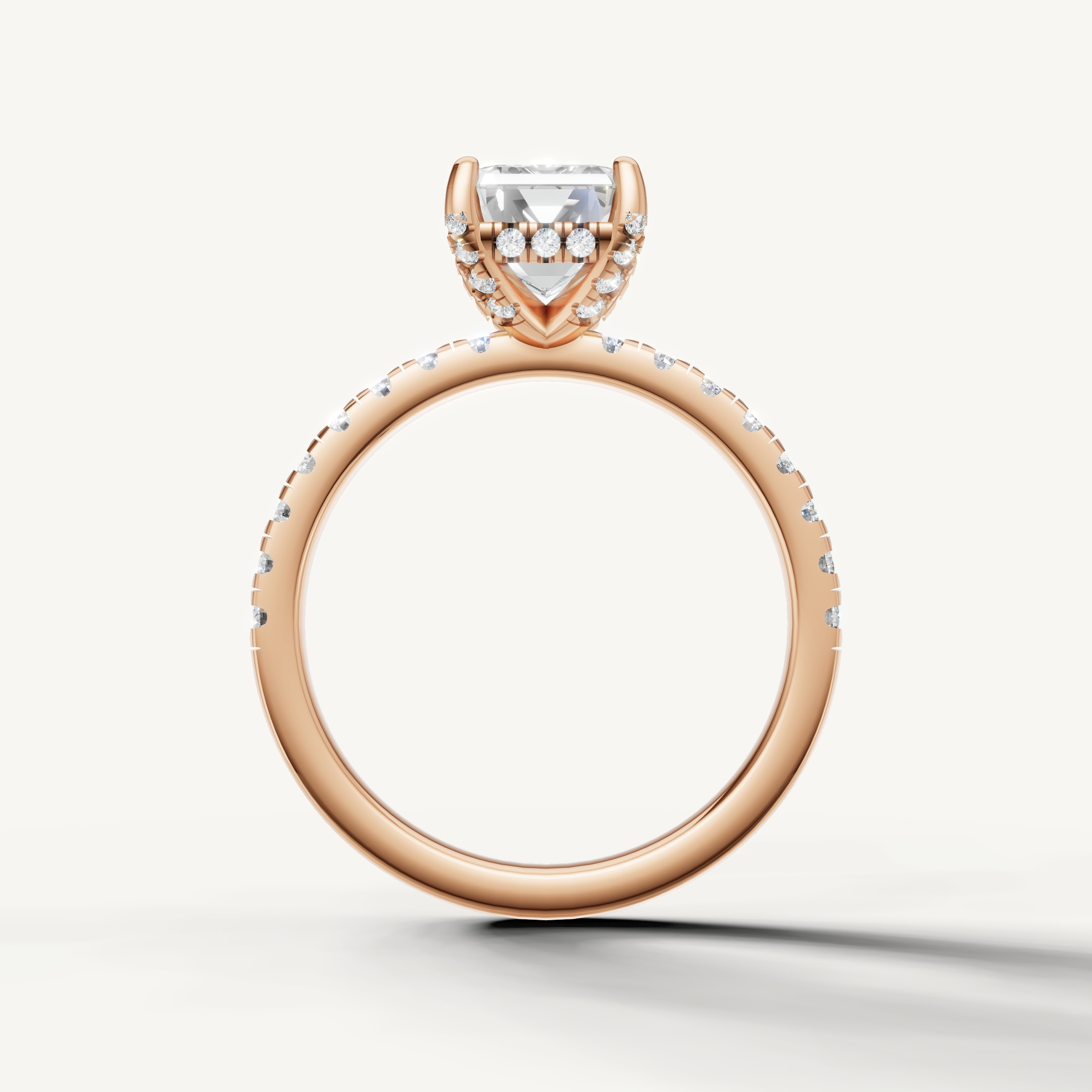 Emerald shape lab grown diamond ring with half pavé band rose gold