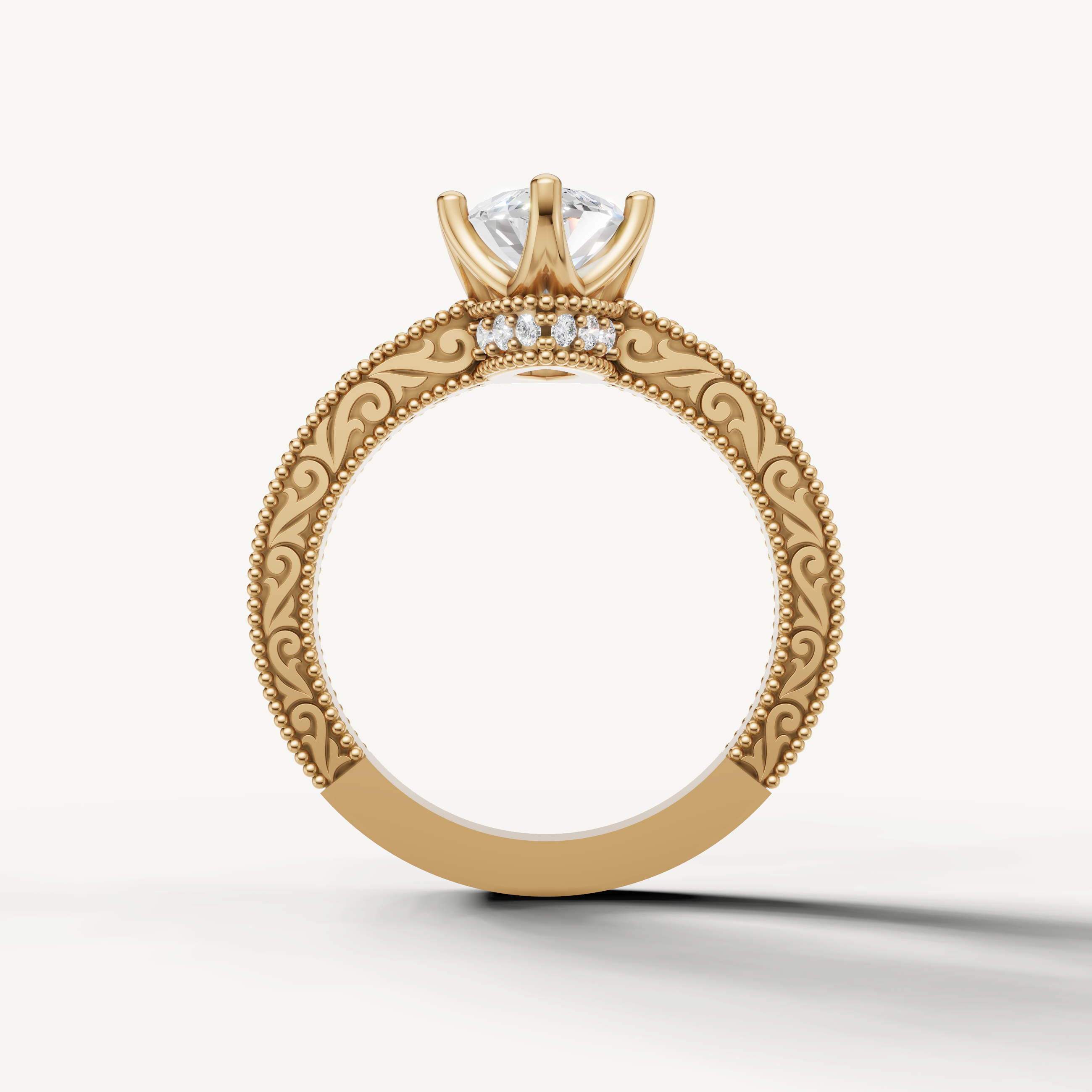Antique-inspired marquise cut lab grown diamond engagement ring in 14K yellow gold with ornate floral filigree by Raul Diamonds.