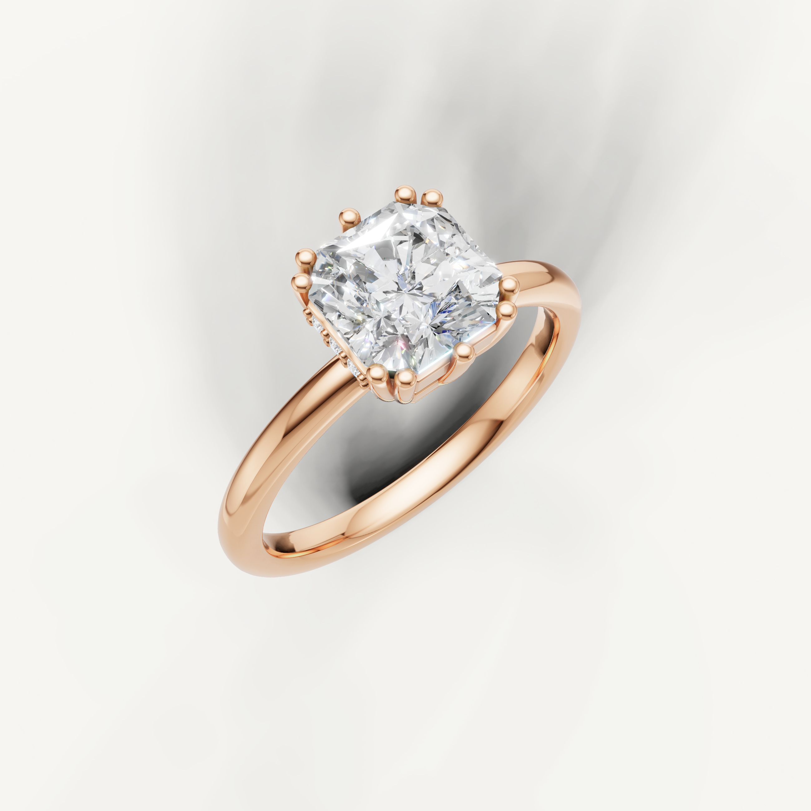 Rose gold asscher cut engagement ring featuring hidden pavé diamonds and elegant polished shank