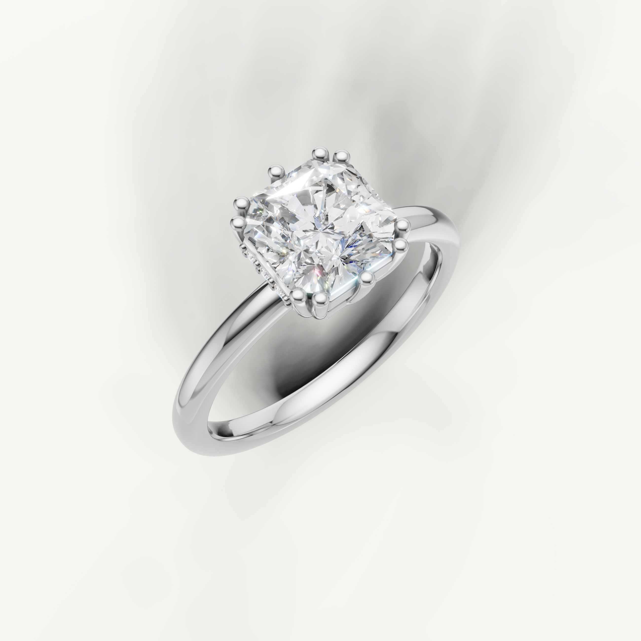 White gold asscher cut solitaire engagement ring featuring pavé hidden halo and sleek polished band
