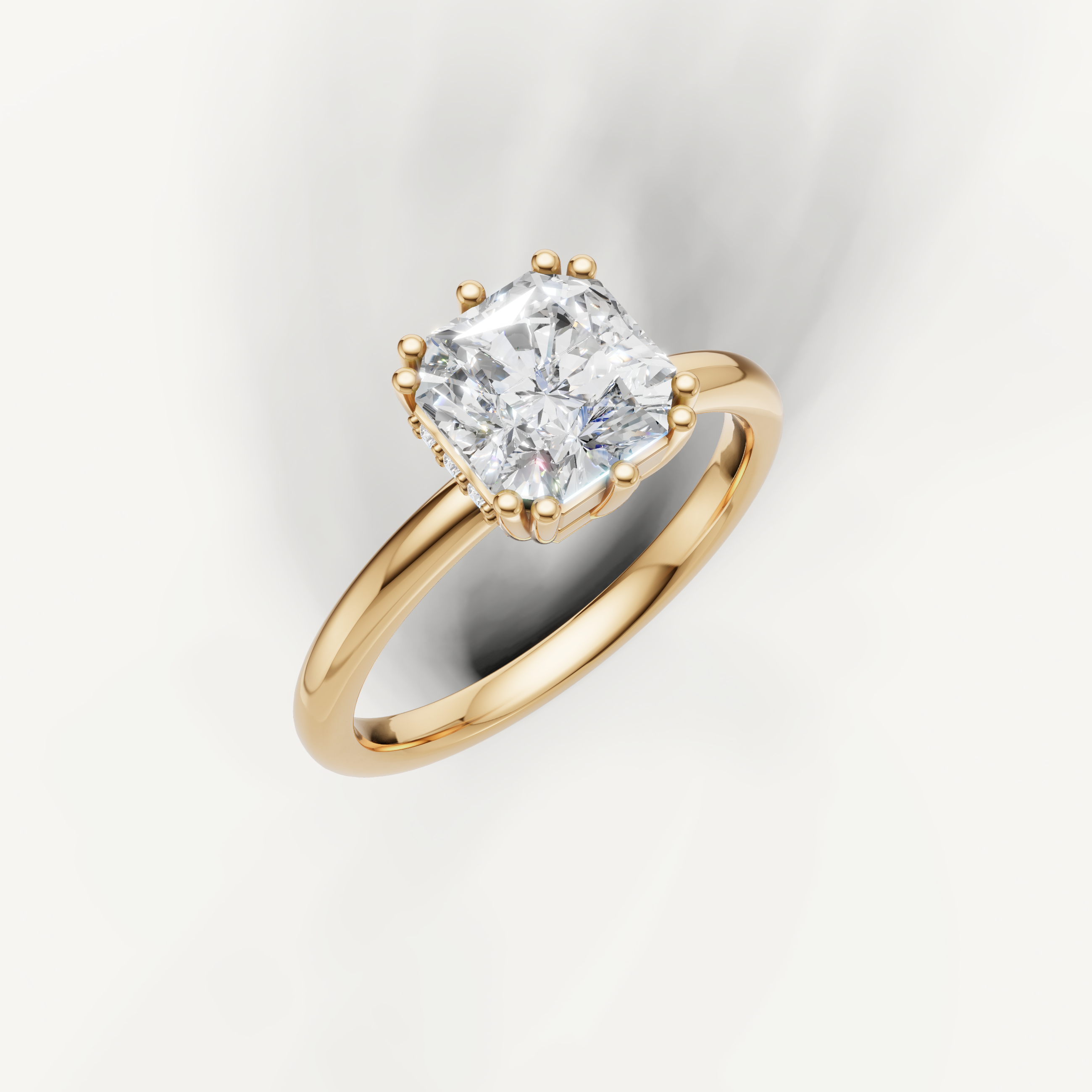 Yellow gold asscher cut solitaire engagement ring featuring pavé hidden halo and elegant high polish band