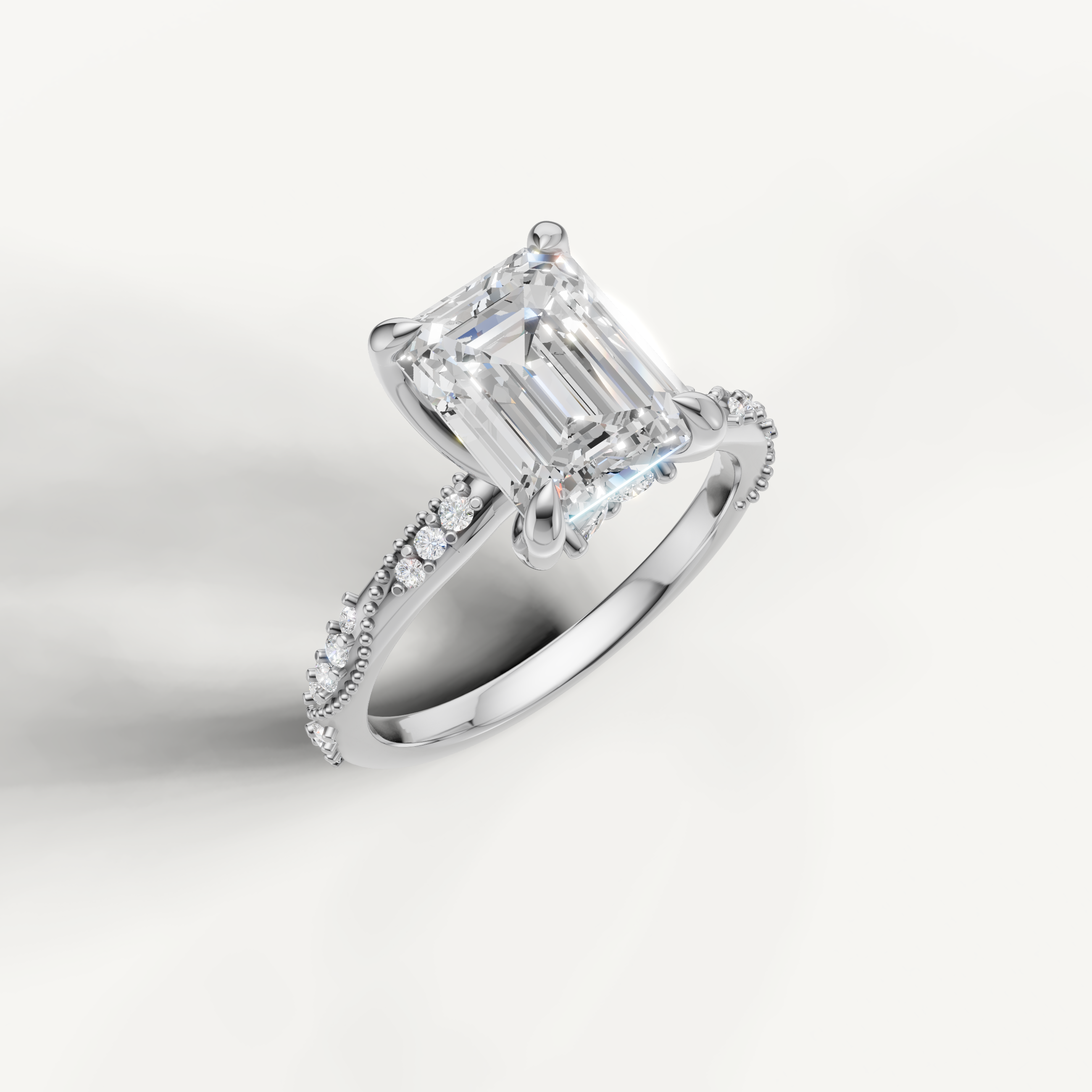 IGI certified emerald lab diamond ring with crossover pavé band 14k white gold