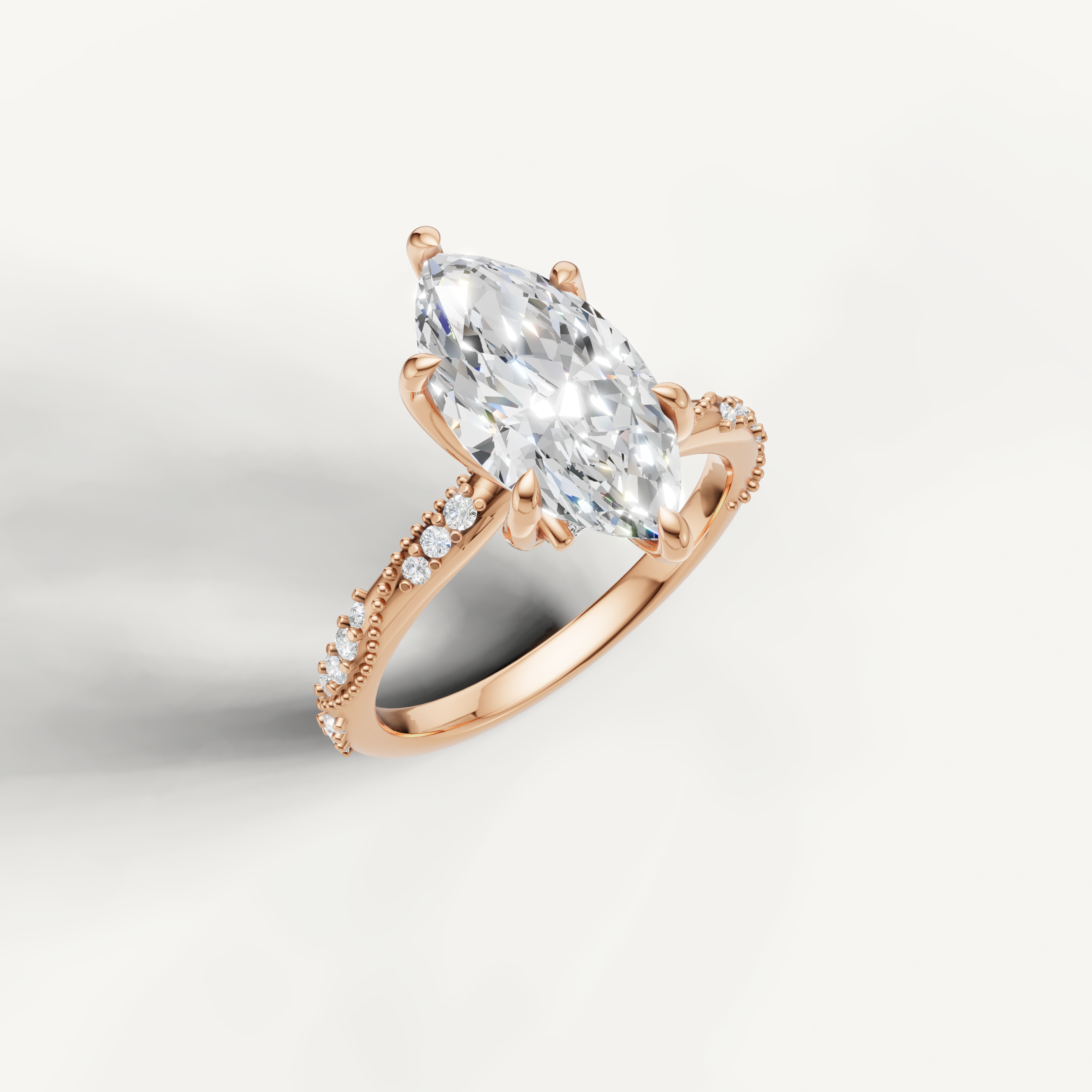 IGI certified marquise lab diamond ring with crossover pavé shank 14k rose gold